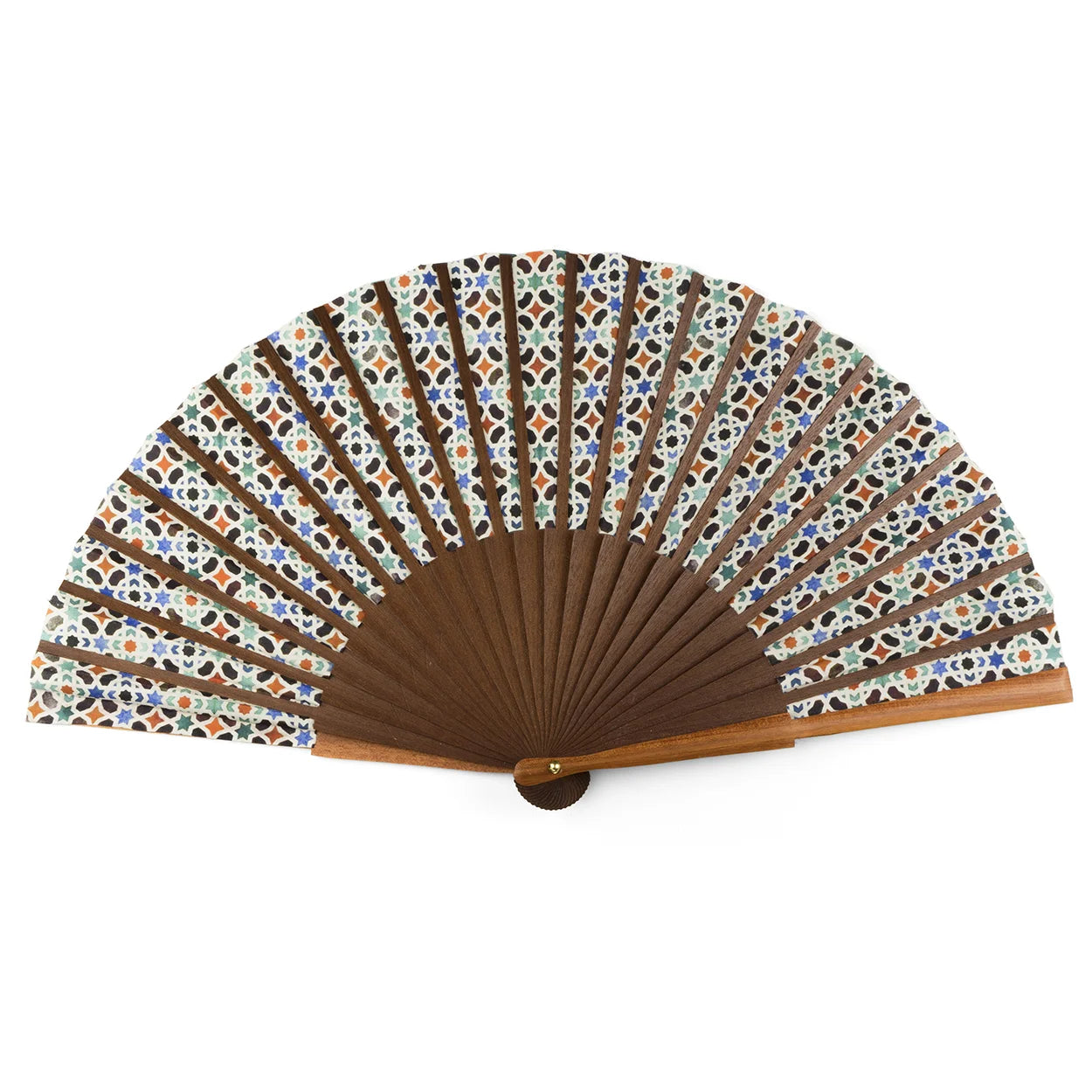 The Islamic geometry inspired silk hand fan Malaqa features wooden ribs and intricate blue, brown, and white Alhambra-inspired patterns on silk fabric, opening in a decorative semicircle.