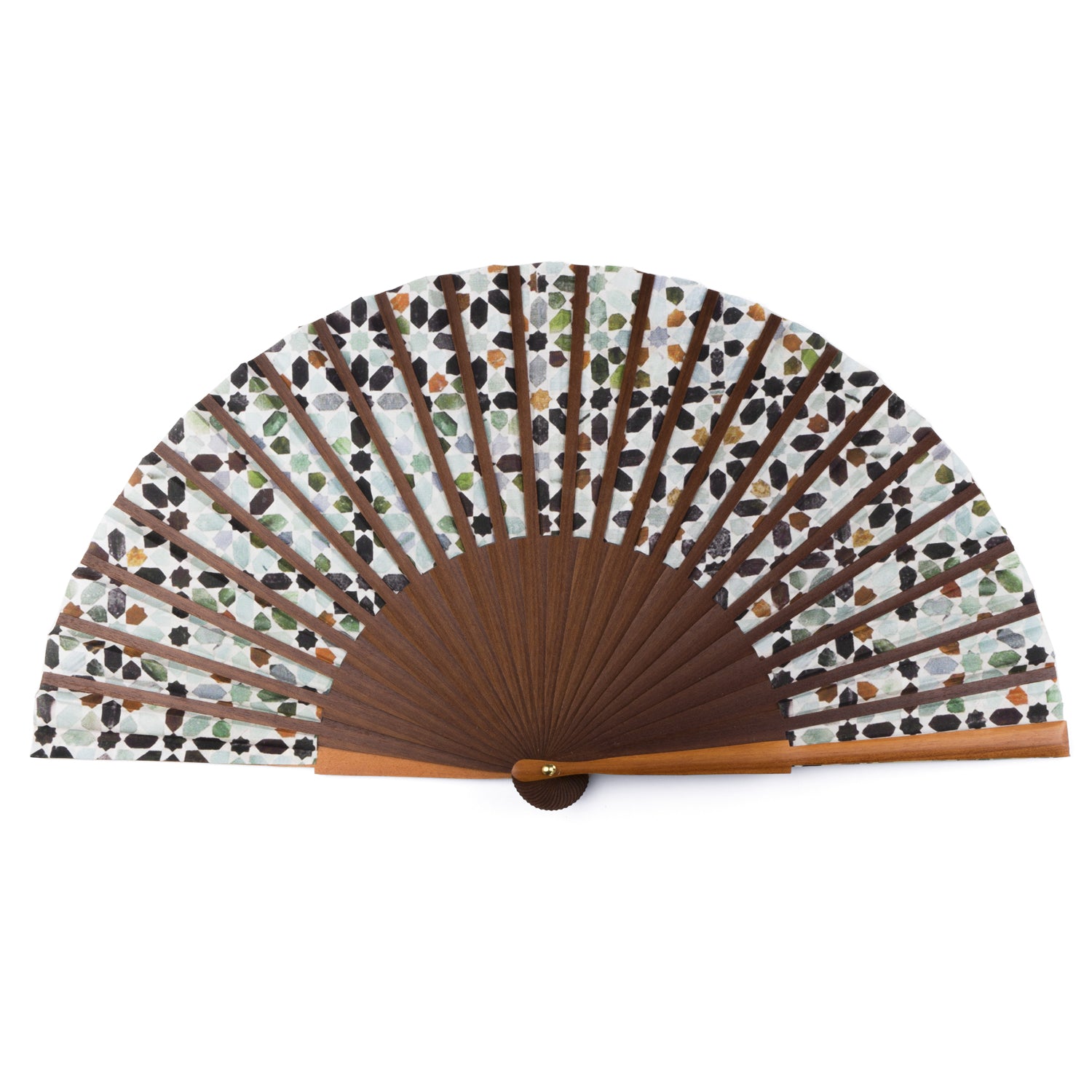 The Islamic Art Silk Fan Meraya features wooden ribs crafted with the varillado technique and a patterned paper leaf adorned with brown, green, and black floral designs on a white background, displayed fully opened.