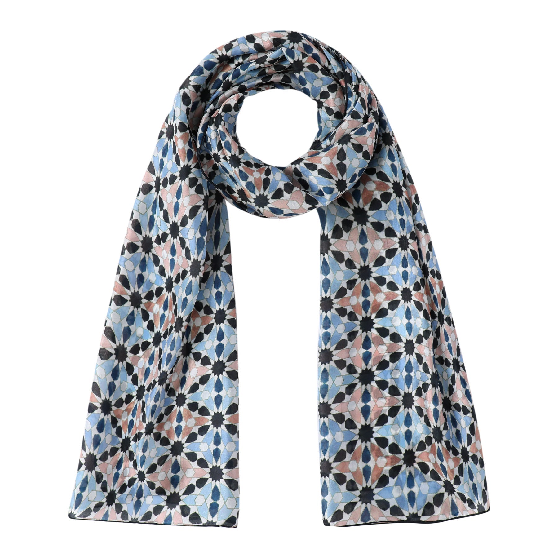 The Multicolor Habotai Silk Scarf Suhail V3 by Hamzah features a geometric pattern of blue, pink, and black stars on white. Perfect for fashion lovers, it drapes elegantly in a loop with ends hanging symmetrically.