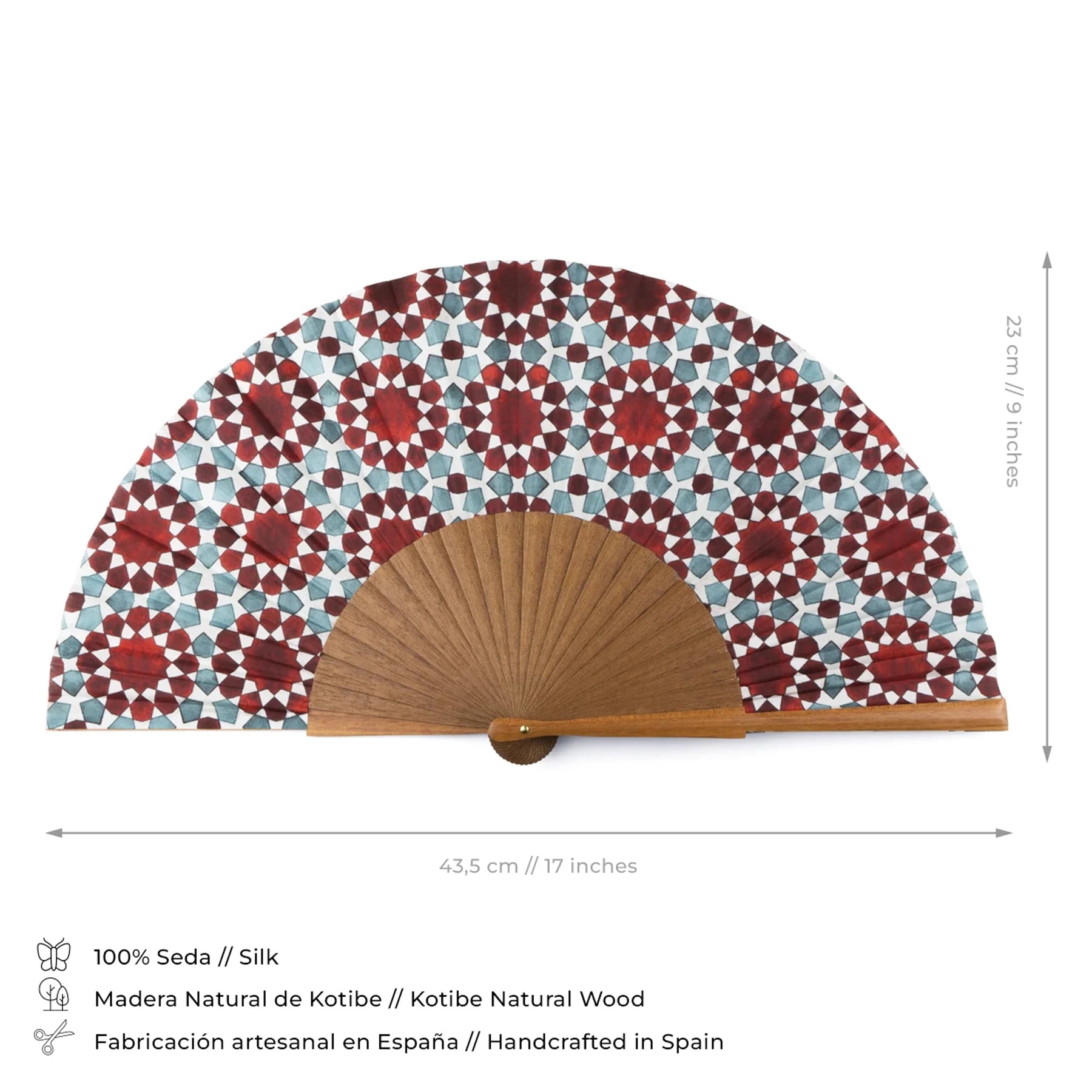 Blue and red silk hand fan inspired by Islamic Geometry art