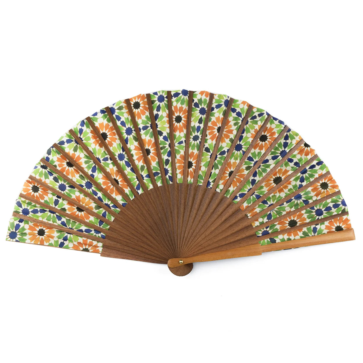 The Multicolored silk fan Nur features brown wooden ribs and a silk leaf with an orange, blue, and green floral Andalusian tile pattern. Fully opened, it is displayed against a white background.