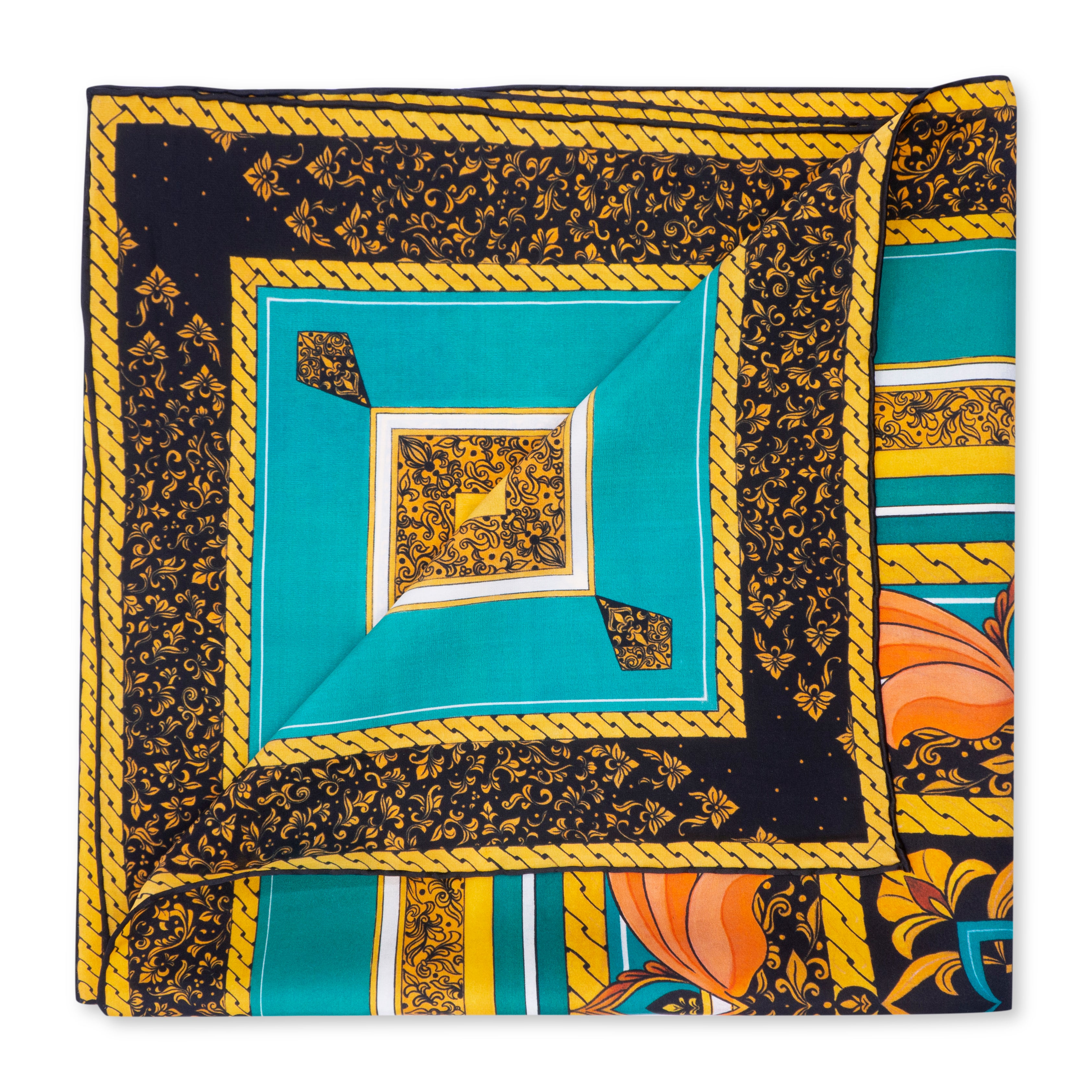 The Floral Square Silk Scarf Olaya features intricate geometric and floral patterns inspired by Islamic art in turquoise, gold, black, and orange, with ornate detailing, bold borders, and elegant hand-rolled hems.
