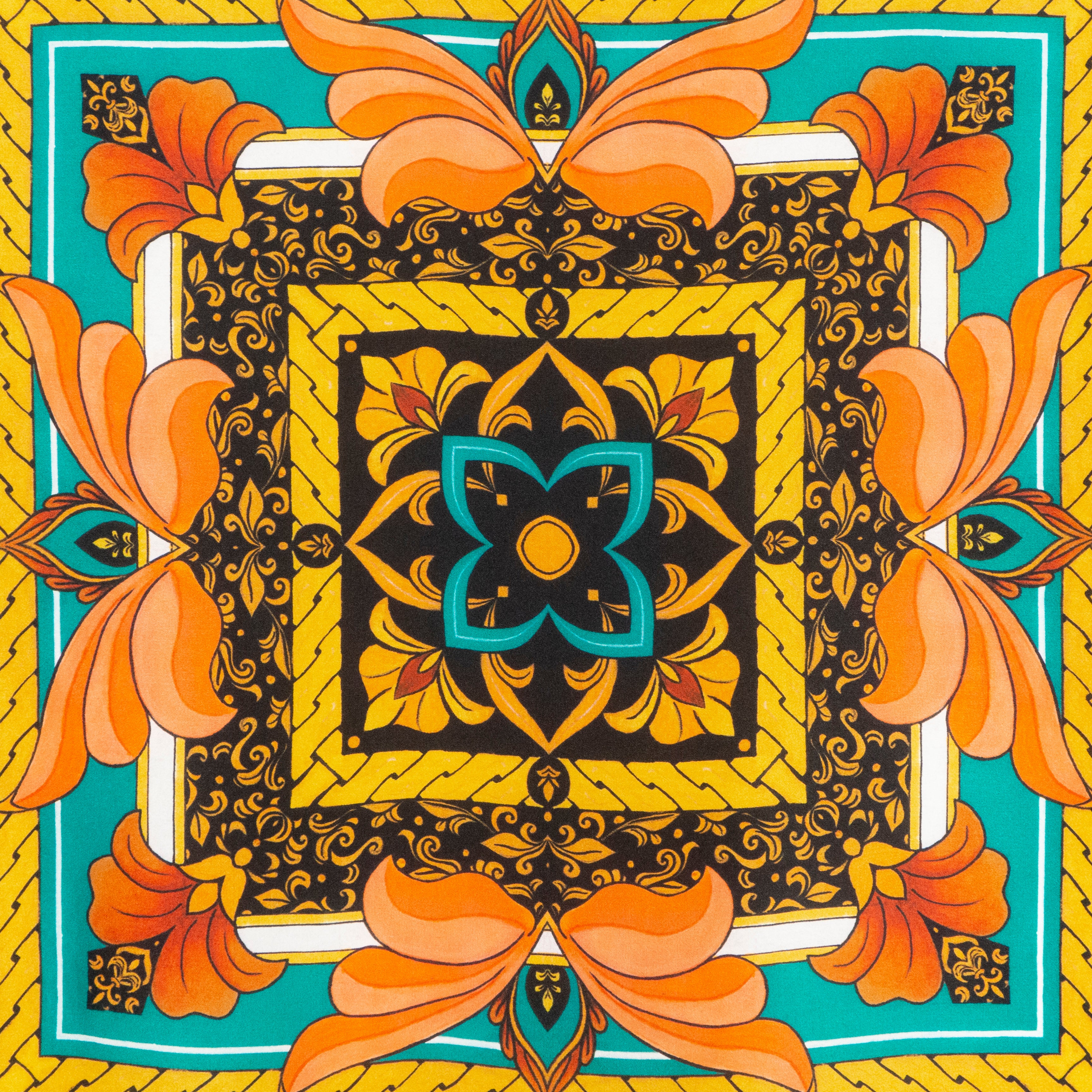 The Floral Square Silk Scarf Olaya features a vibrant geometric floral pattern inspired by Islamic art, with orange, yellow, and teal motifs arranged symmetrically around a central flower—finished with ornate swirls and hand rolled hems.