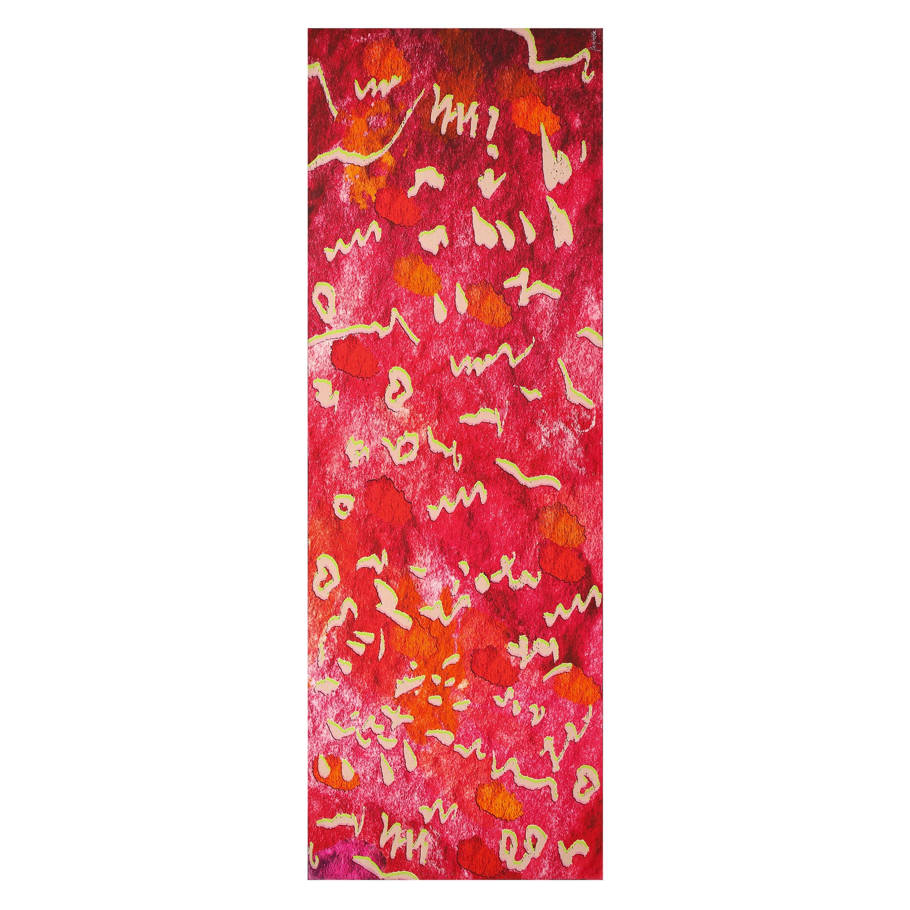The Fuchsia Silk Scarf for Women features abstract artwork on a vibrant red background with lively orange, yellow, and white shapes and squiggly lines for a dynamic, energetic look.