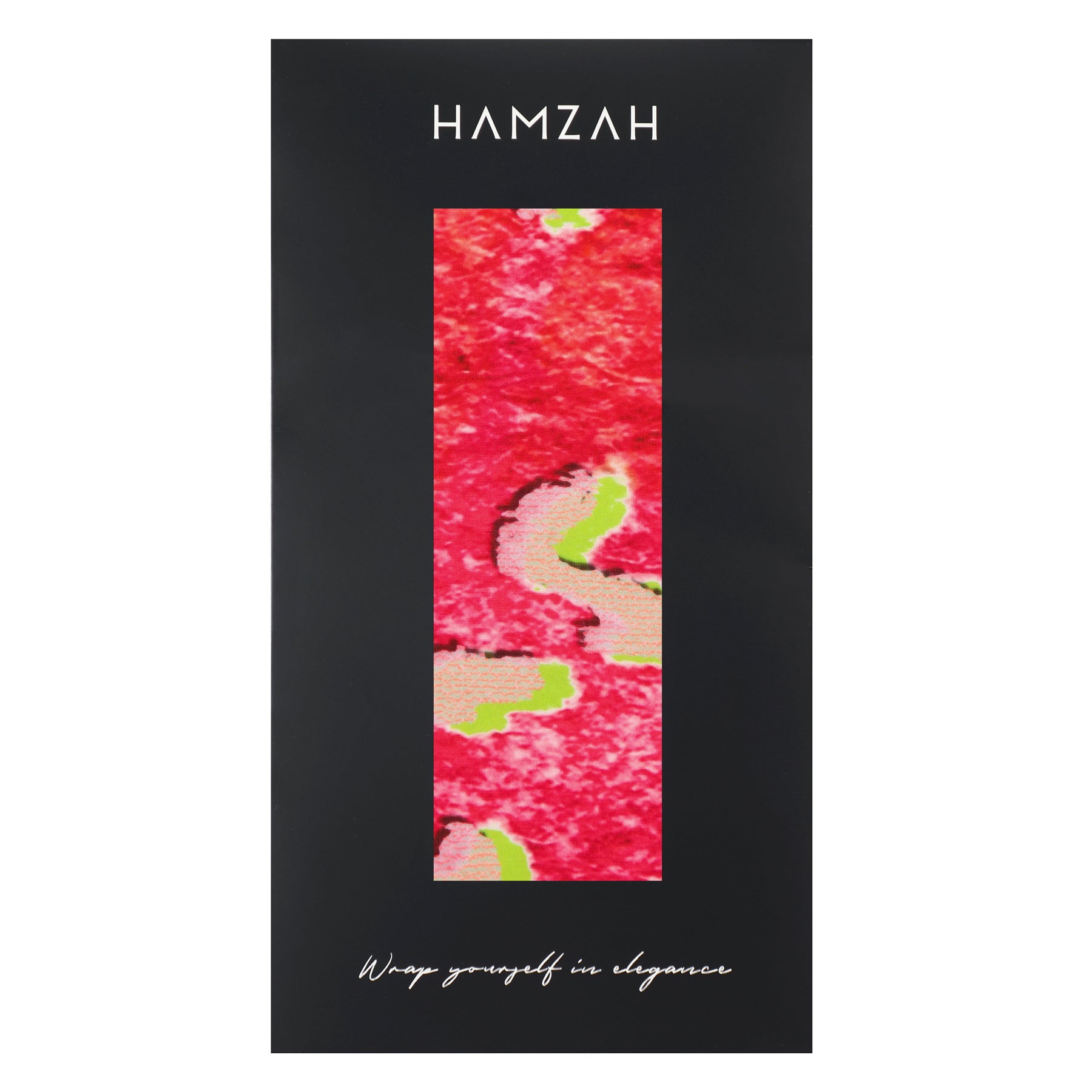 A black rectangular box with HAMZAH at the top and "Wrap yourself in elegance" at the bottom displays the Fuchsia Silk Scarf