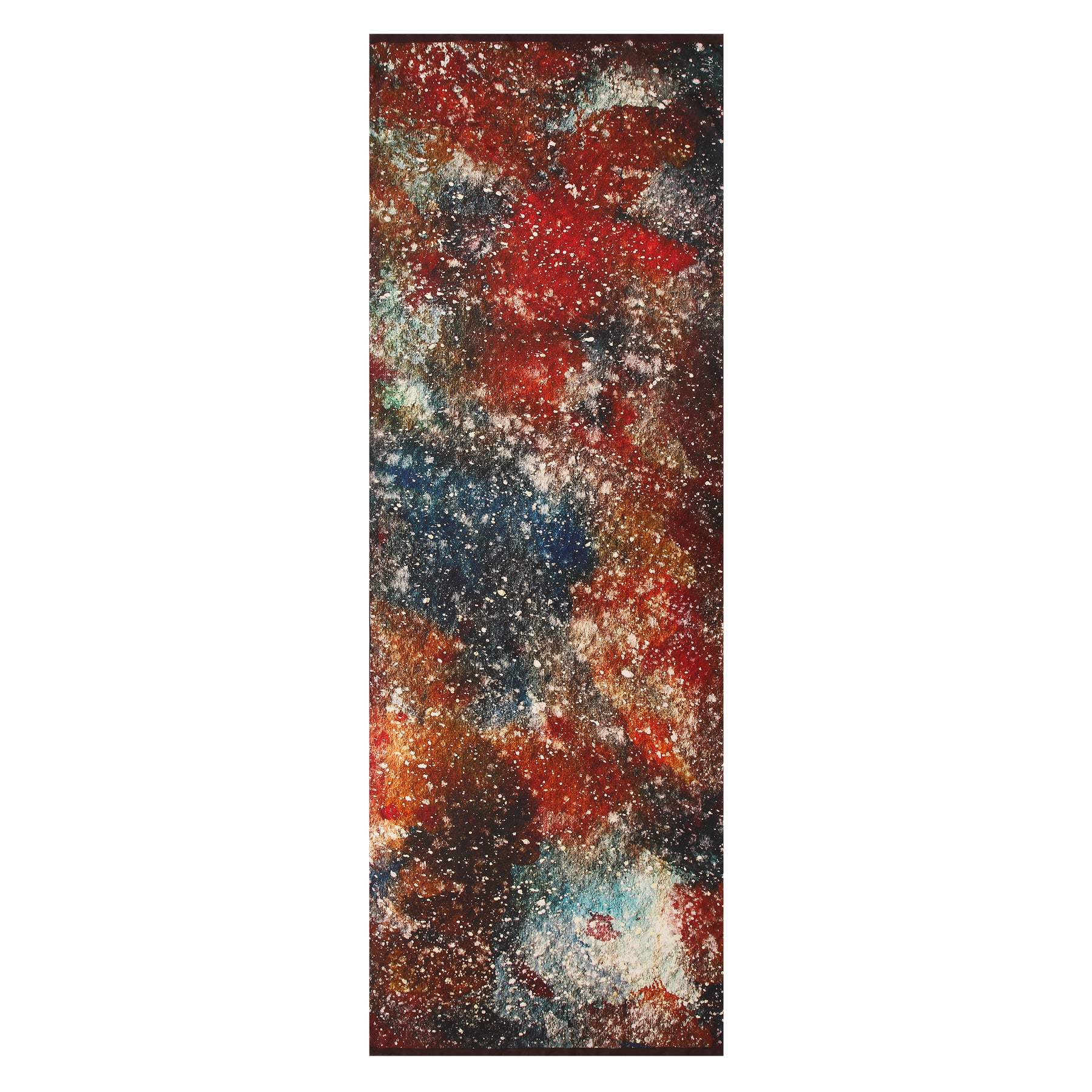 Silk Foulard for Men Polvo Cósmico features deep red, blue, orange, and white tones with cosmic, star-like patterns—an elegant accessory inspired by galaxy motifs.