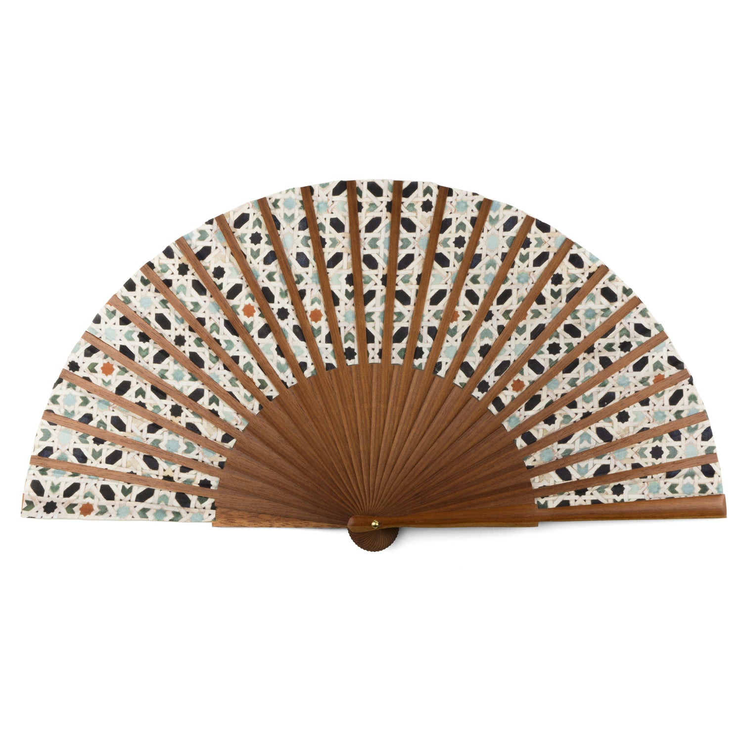 The Islamic Geometry Silk & Wood Hand Fan features brown wooden ribs and a pleated silk top with blue, white, and black Islamic geometric patterns.