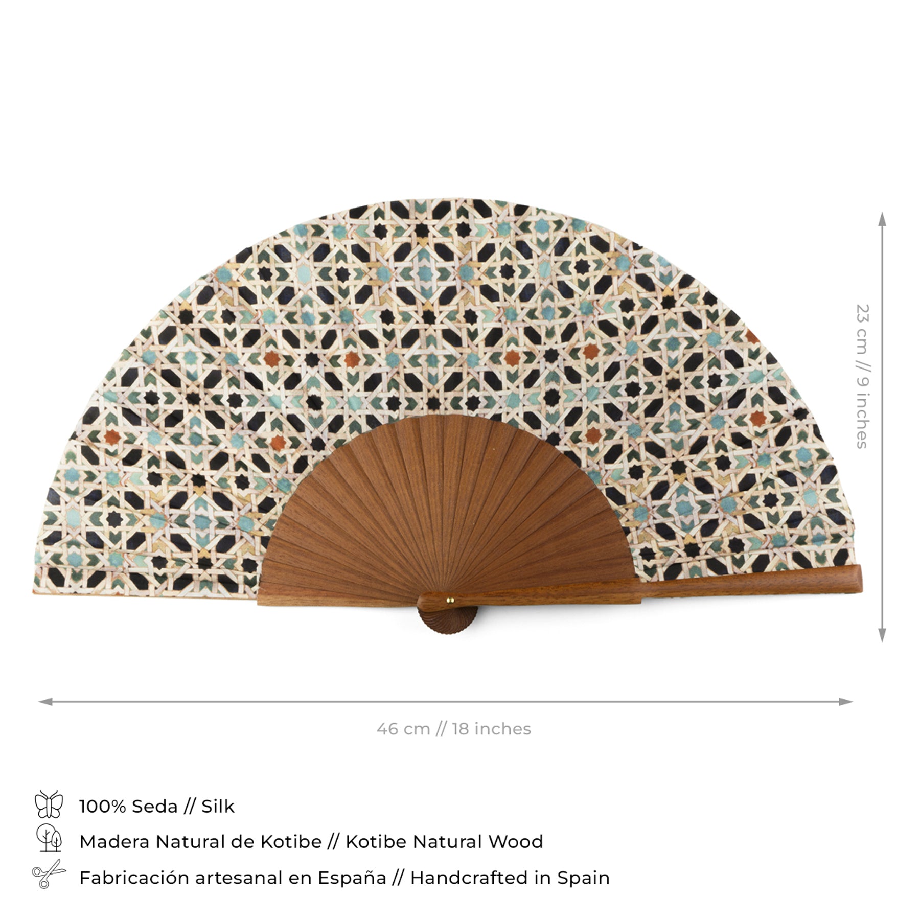The Islamic Geometry Silk & Wood Hand Fan features blue, black, and beige patterns on silk with a Kotibe wood base. Measures 43.5 x 23 cm and is expertly handcrafted in Spain, highlighting exquisite Spanish craftsmanship.
