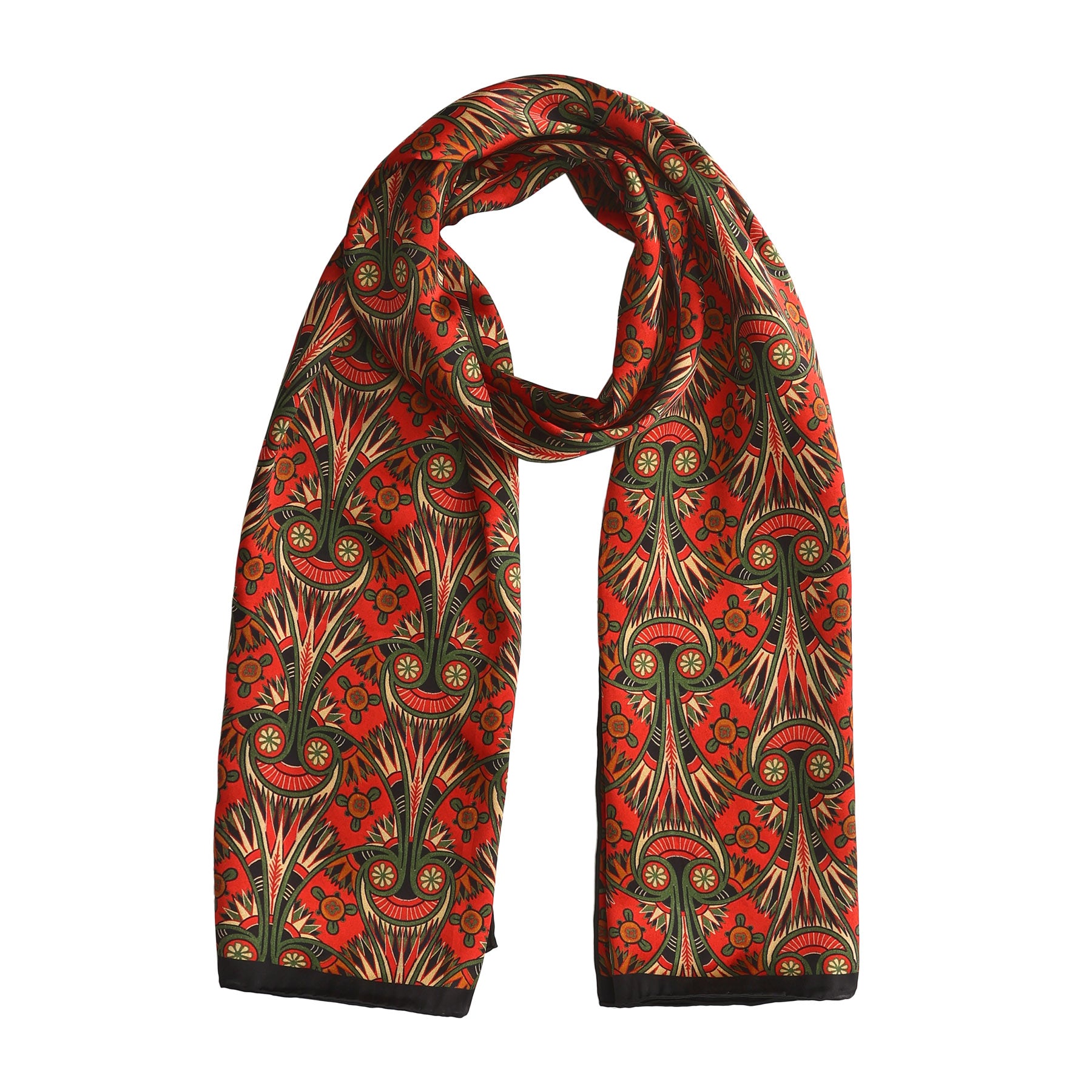 Long red art nouveau scarf gracefully draped, highlighting its elaborate green and gold motifs for an elegant statement piece
