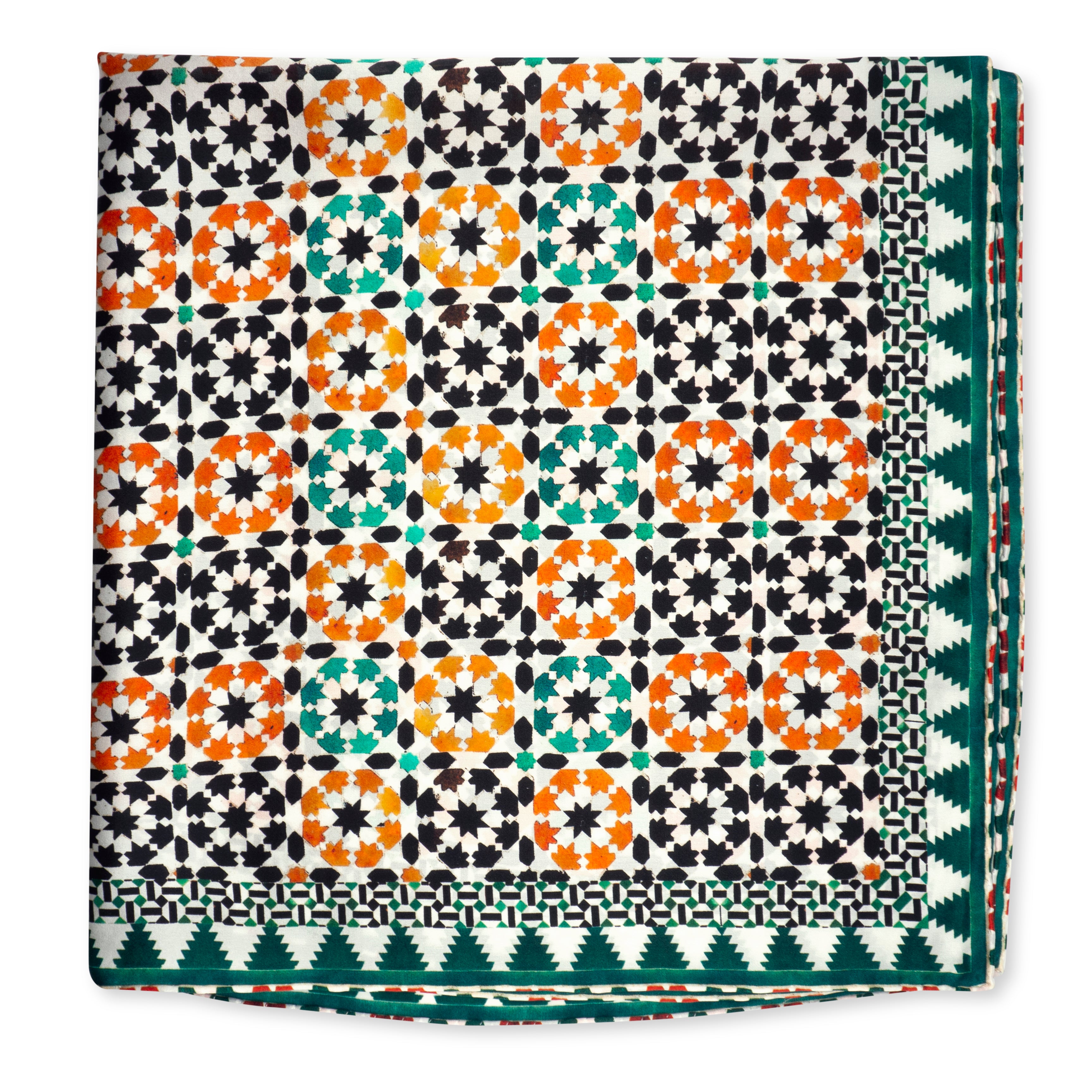 The Islamic Art Square Silk Scarf Sabika Green features a geometric pattern with orange, teal, and black shapes on white, bordered by green and black designs and finished with hand rolled edges.