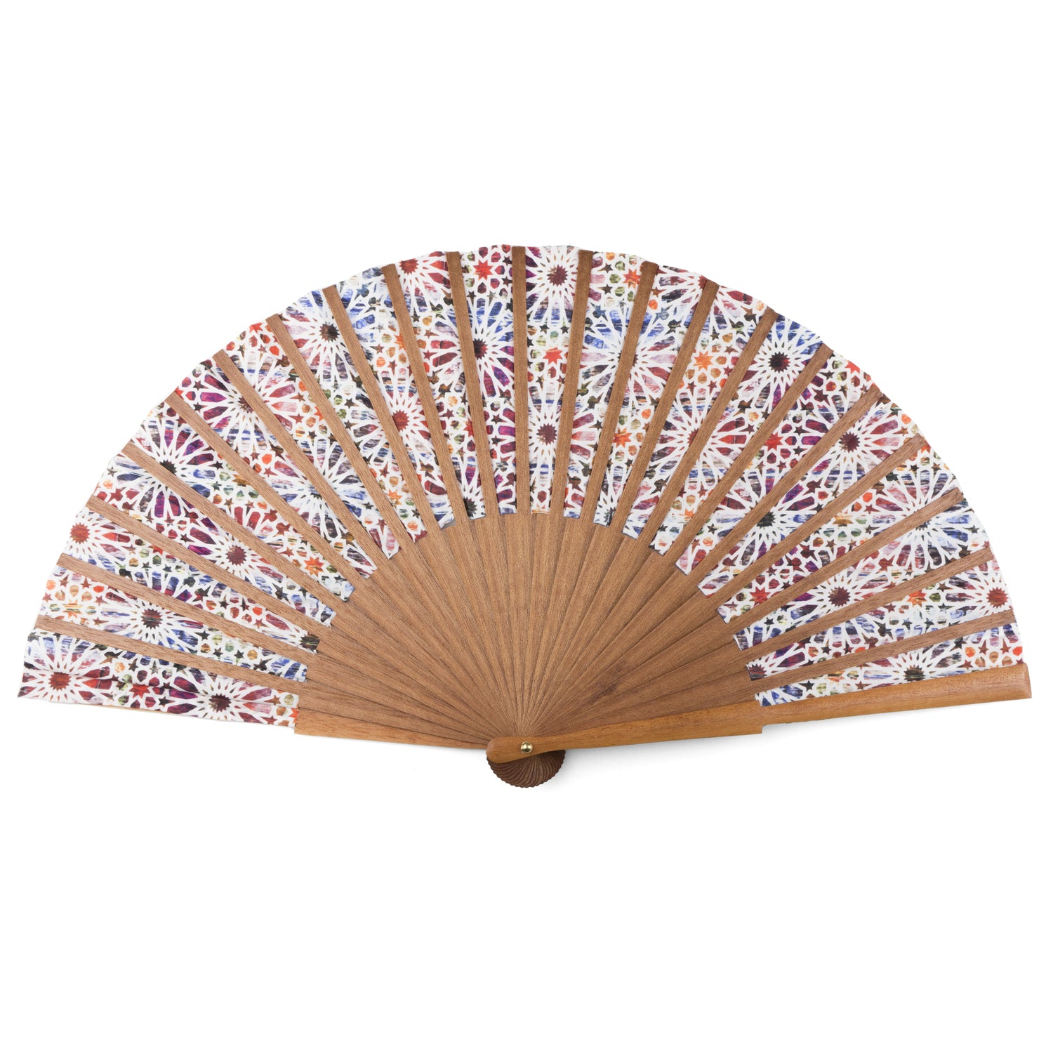 The Spanish tiles inspired silk hand fan Sakina features a wooden frame and floral-patterned paper in red, purple, orange, and green on white. The open fan beautifully displays its colorful and decorative design.