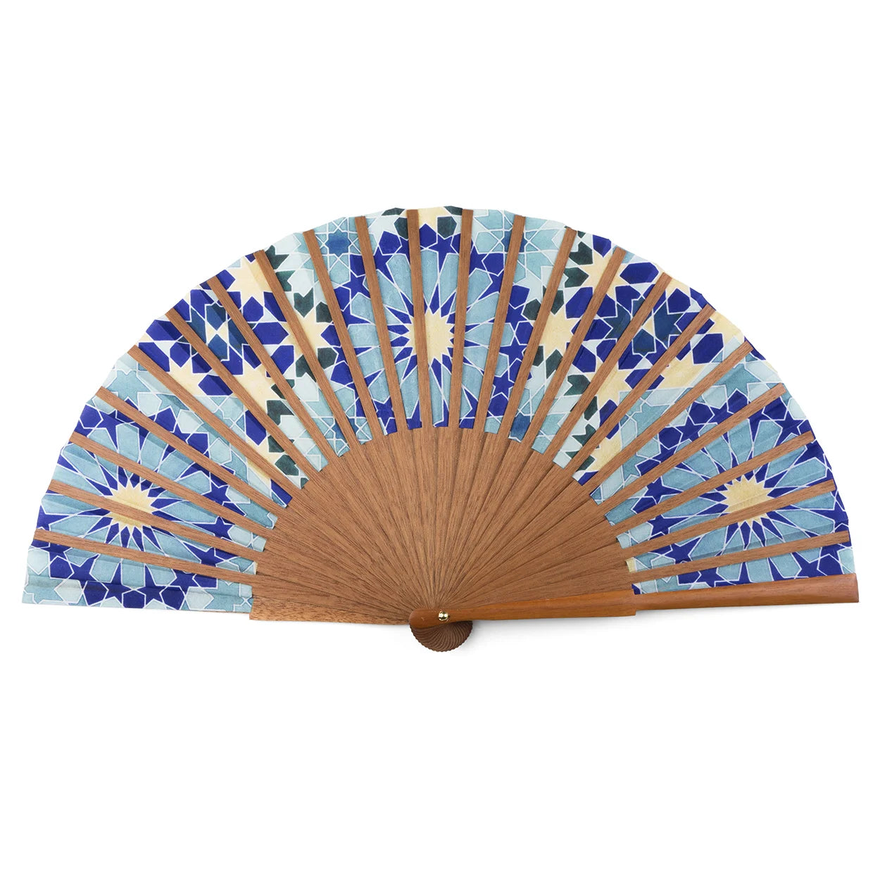 The Blue and Gold Silk Fan Secret Flower features wooden ribs and a blue, teal, and beige floral-patterned silk design, displayed open in a half-circle shape. Made in Spain.
