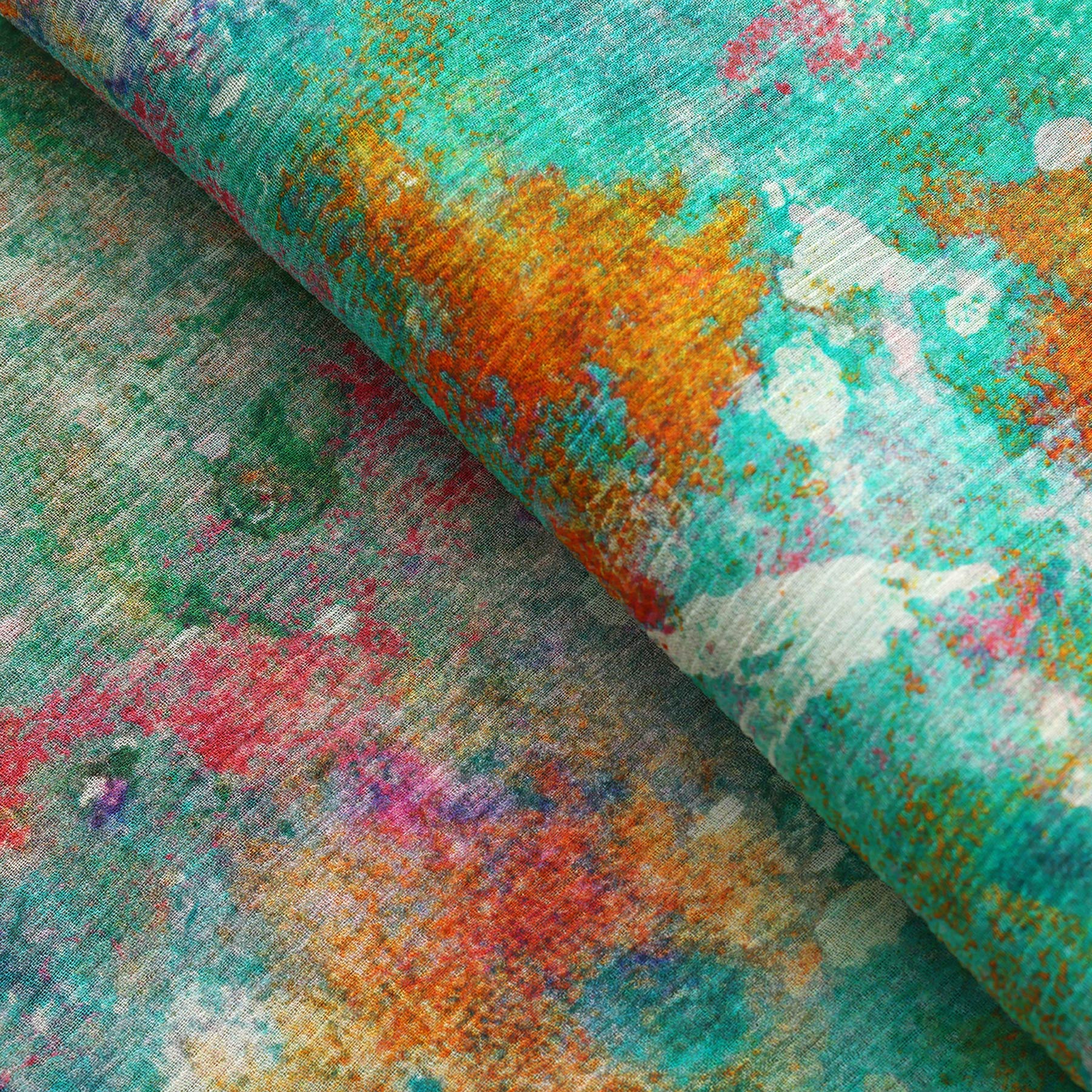 Close-up of the Natural Silk Scarf Mundos Ocultos, showcasing an abstract design with vibrant turquoise, orange, pink, and white watercolor-like patterns—a true piece of wearable art.