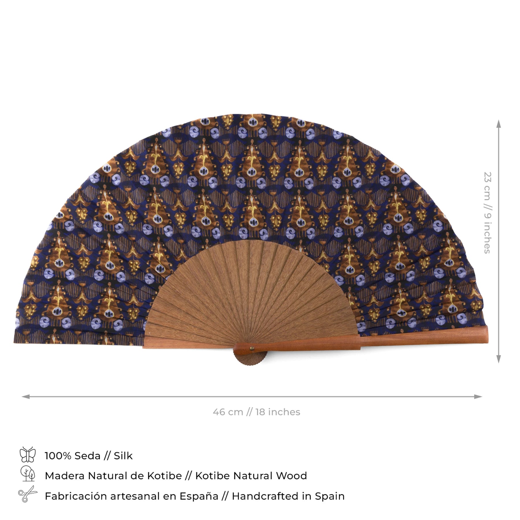 Close-up of the handcrafted blue and gold Ikat-inspired silk fan with Bocapi wood handle, displaying measurements and material details.