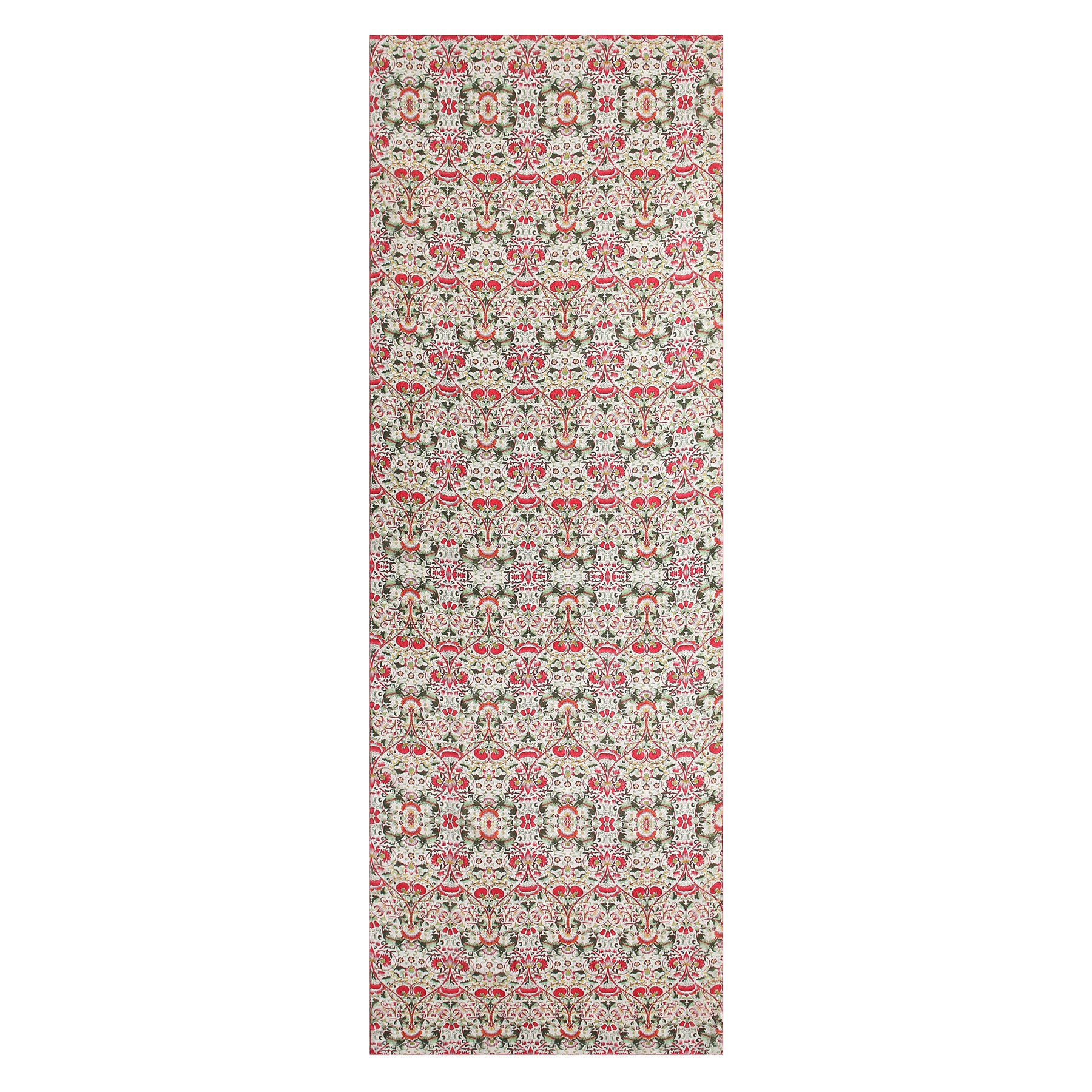 The William Morris inspired Silk Scarf - Margaret features a symmetrical floral pattern in red, pink, green, and beige tones arranged in repeating rows across the entire surface.