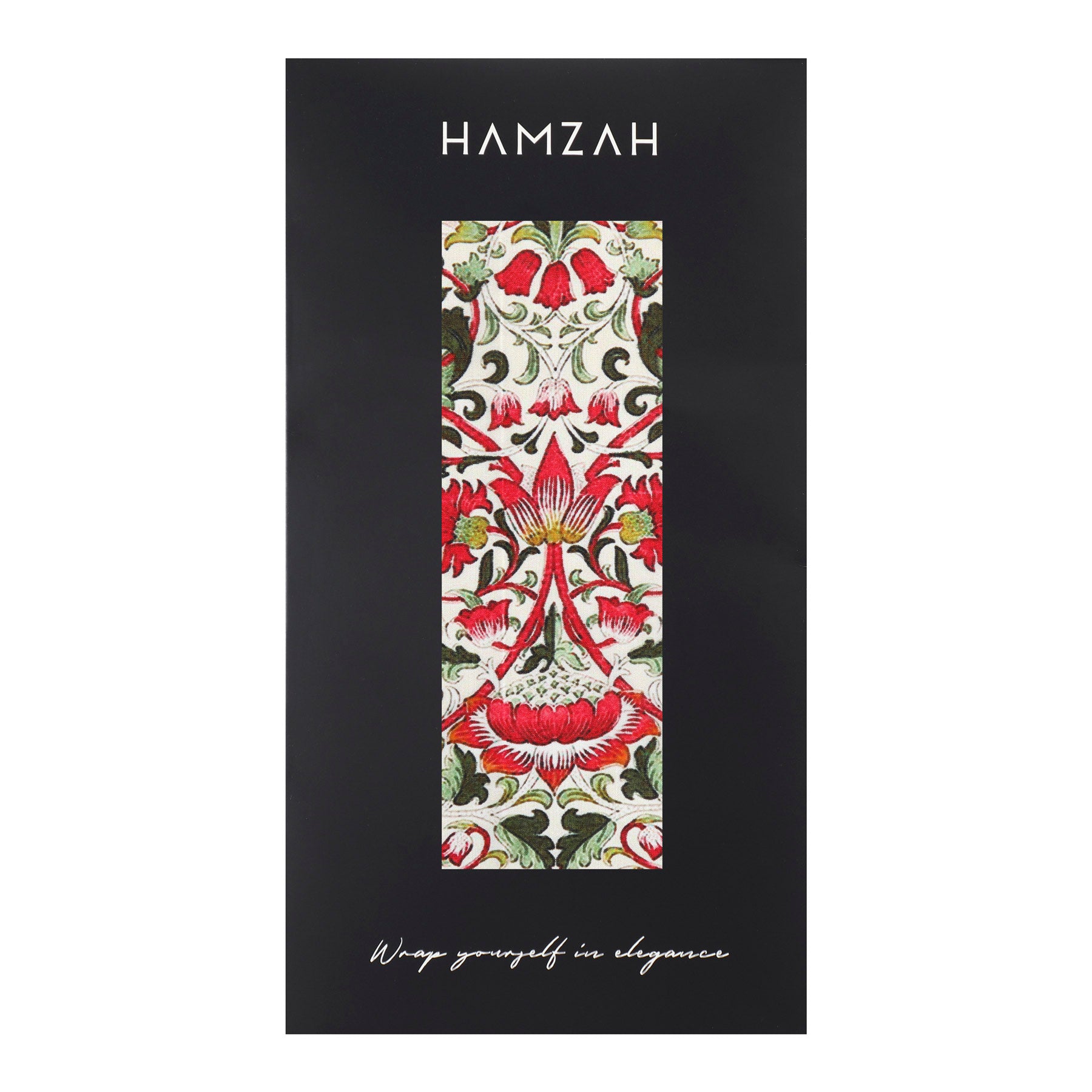 The William Morris inspired Silk Scarf - Margaret features a vibrant floral and leaf pattern in red, green, and yellow on Habotai silk. Displayed on black with HAMZAH above and Wrap yourself in elegance below.