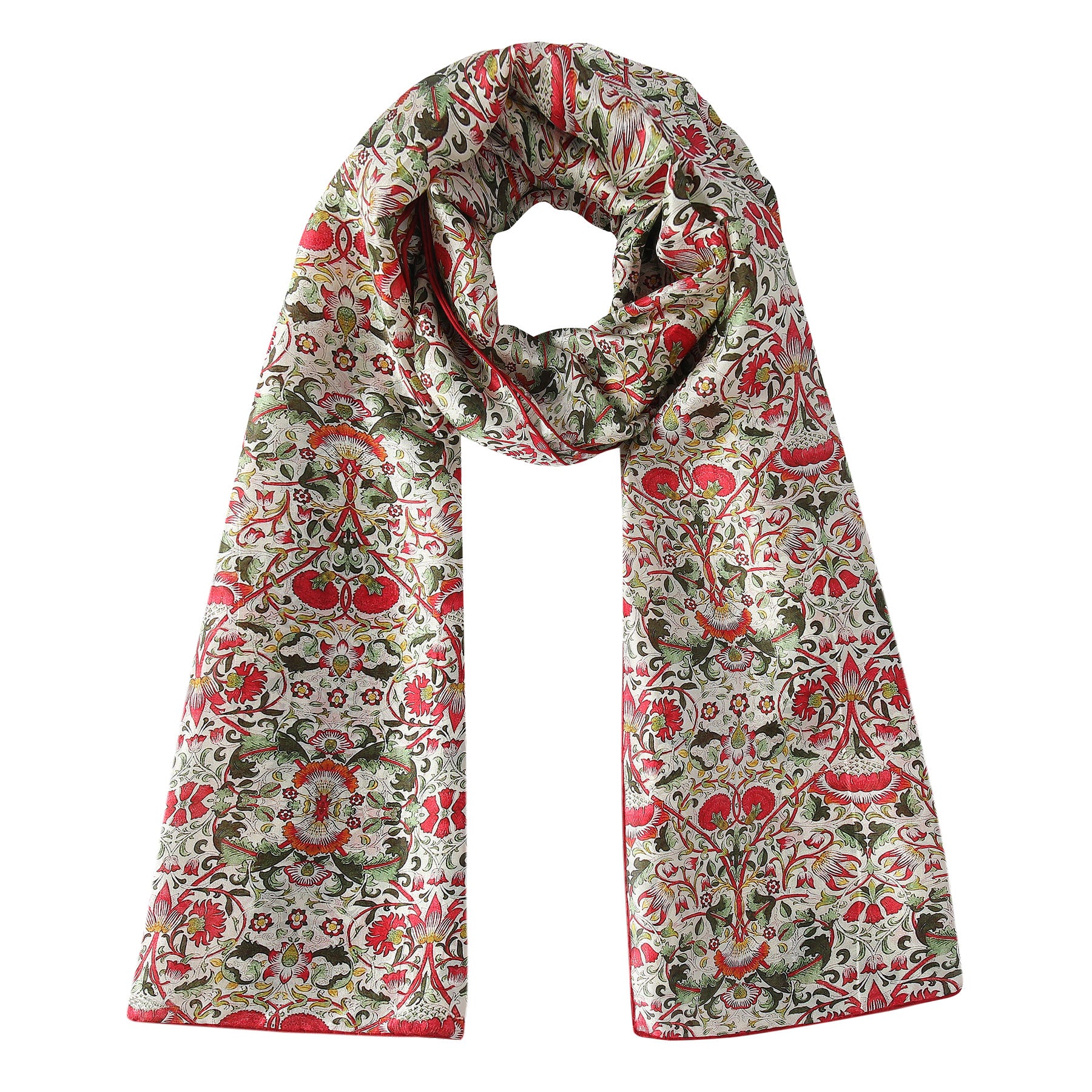 The William Morris inspired Silk Scarf - Margaret is a long, rectangular Habotai silk scarf with an intricate floral and paisley pattern in red, green, and beige, shown on a white background.
