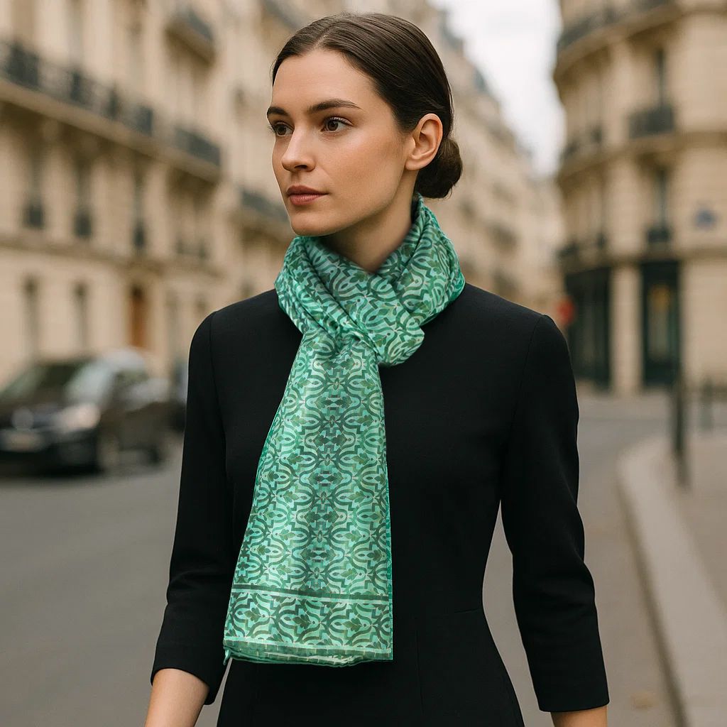 A woman with dark hair in a low bun wears a black dress and the Green Silk Scarf Islamic Tiles, inspired by North Moroccan designs, standing on a city street with classic European-style buildings in the background.