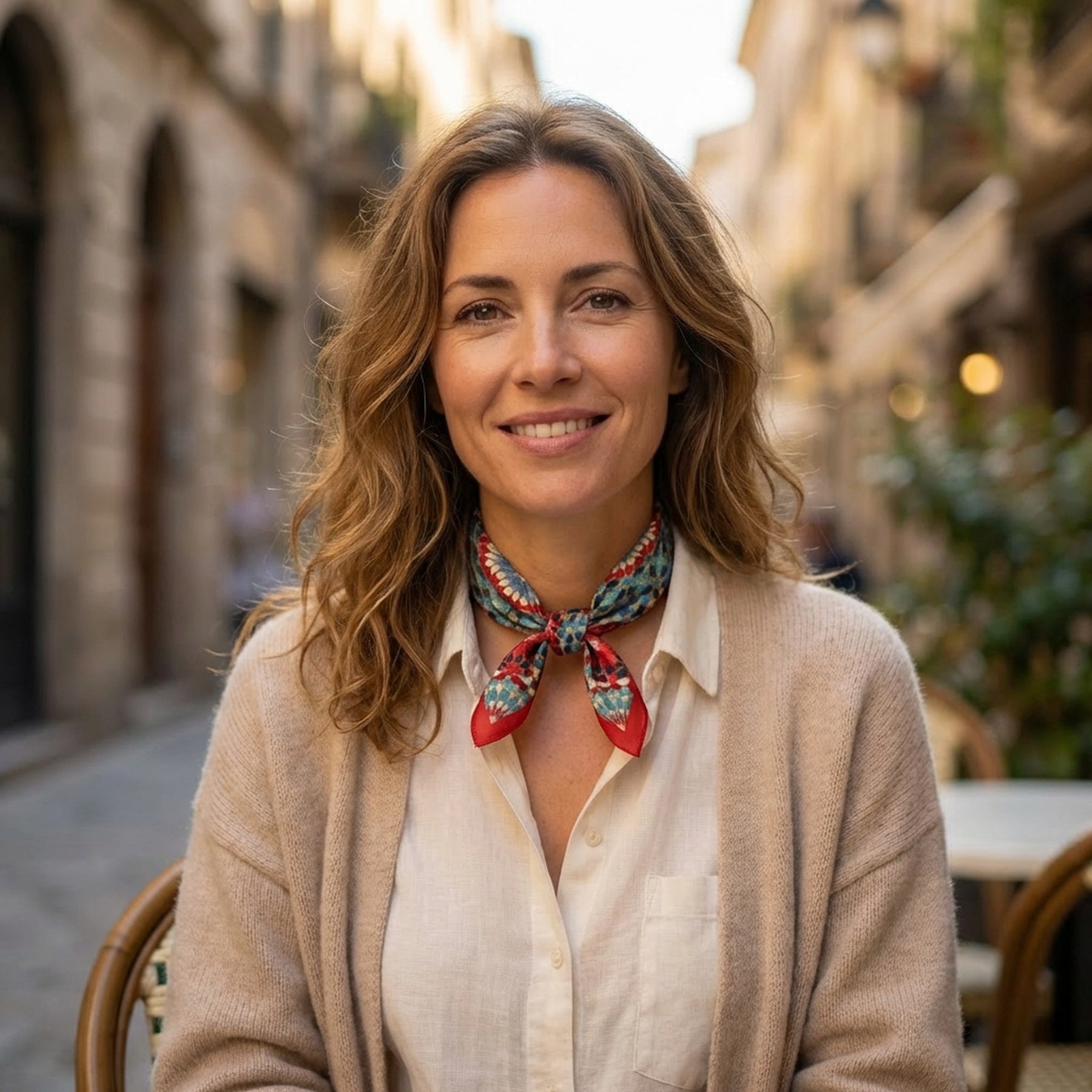 A woman with wavy brown hair wearing the Colorful Silk Neckerchief, inspired by Spanish craftsmanship, sits at a sunny outdoor café table on a narrow street, smiling at the camera in a light blouse and beige cardigan.