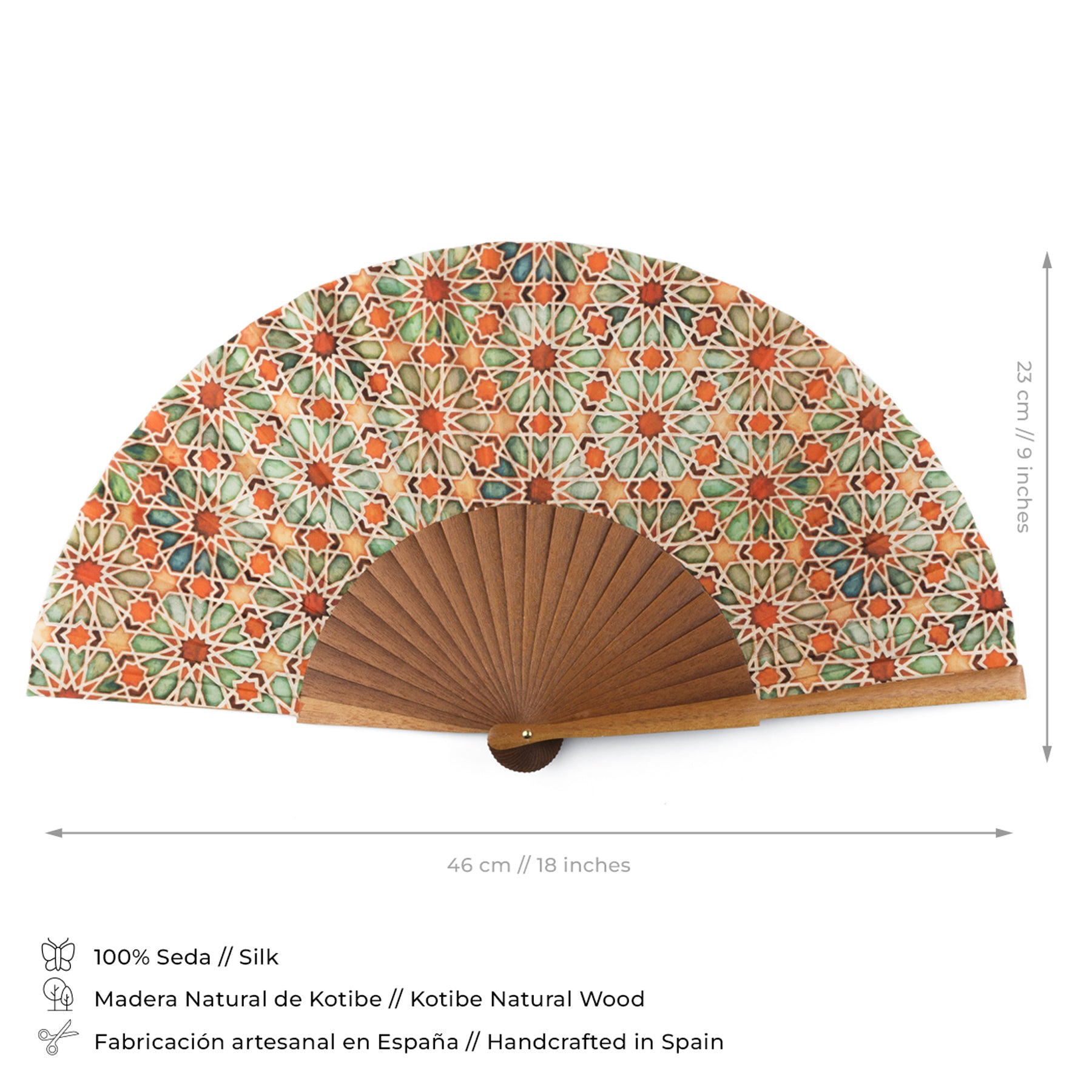 The Islamic art inspired hand fan Zellige Orange is handmade in Spain from orange silk with a vibrant geometric floral pattern, set on natural Kotibe wood. Size: 46 cm wide x 23 cm tall.