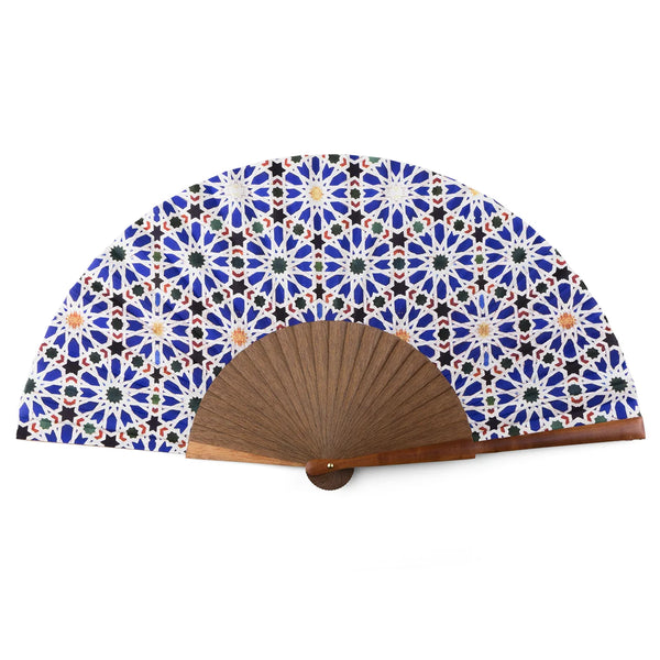 Blue and white silk fan with islamic art print known as zellige