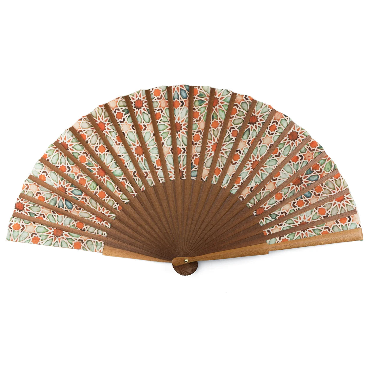 The Islamic art inspired hand fan Zellige Orange features a traditional orange silk design with a brown wooden frame and floral patterns in orange, green, and white, spread open in a semicircle.
