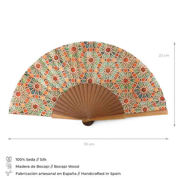 Orange and green silk fan with islamic art inspire print and details like size and composition