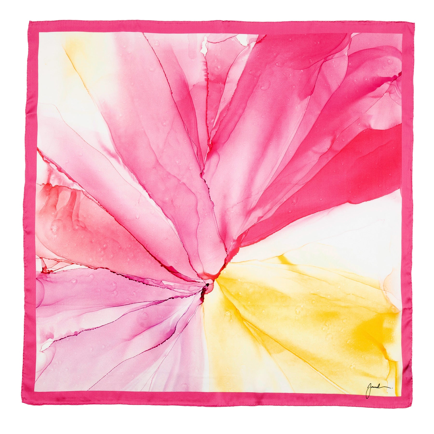 The Pink Silk Scarf Square with Fluid Art Print is made from satin silk and features abstract pink, magenta, and yellow watercolor splashes radiating from the center, framed by a solid pink border.