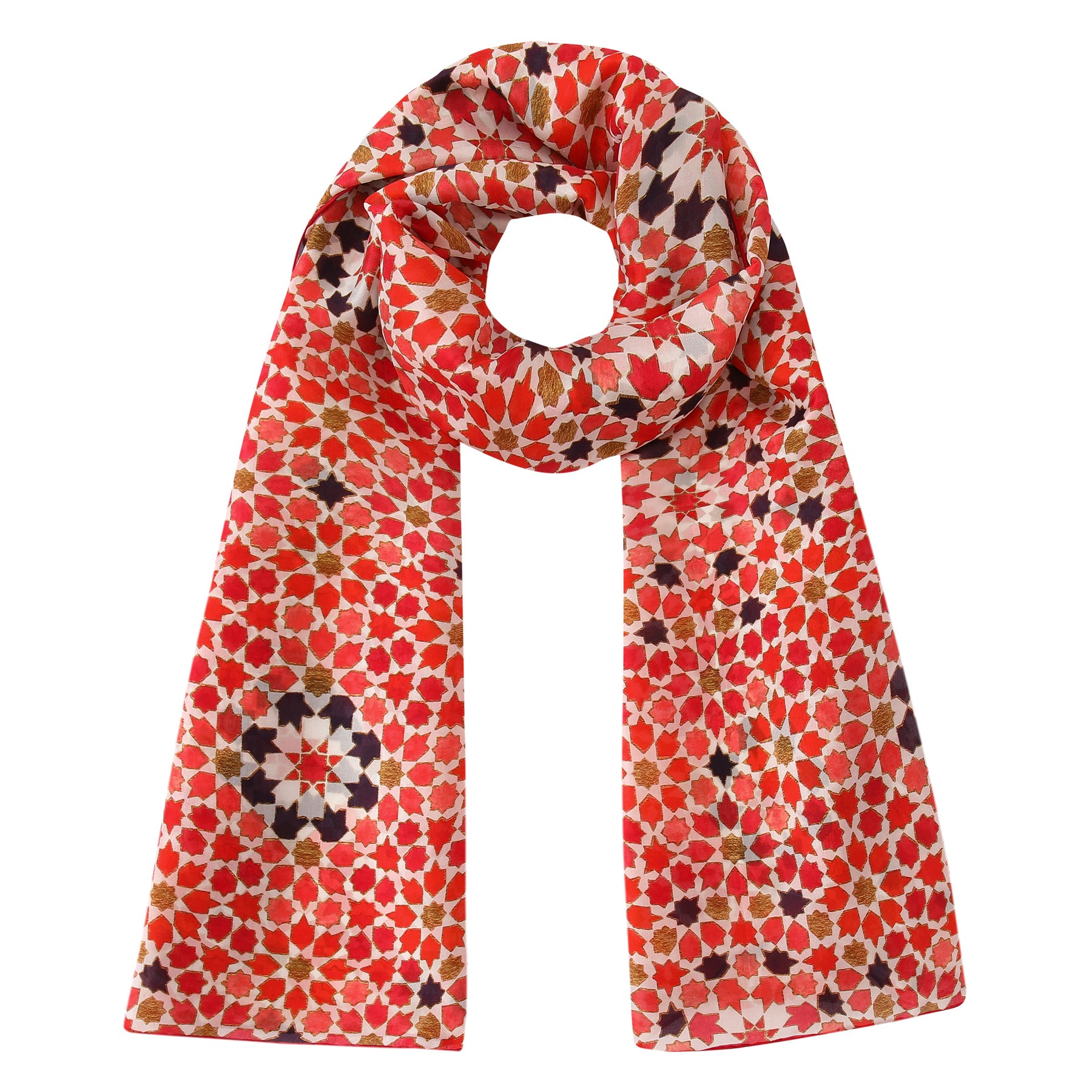 The Red Silk Scarf with Islamic Art Print Alhambra features vibrant red, orange, brown, white, and black Andalusian geometric stars and hexagons on lightweight silk. Loosely loop it in a circle for effortless style.