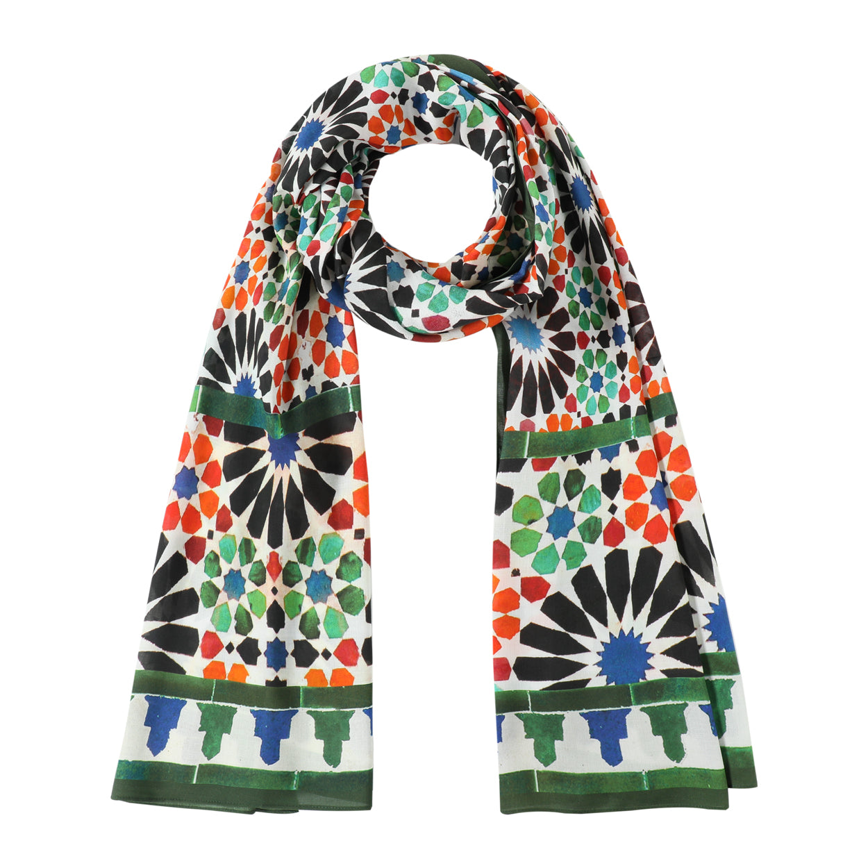 Alhambra of Granada mosaic inspired geometric neck scarf with bold colors