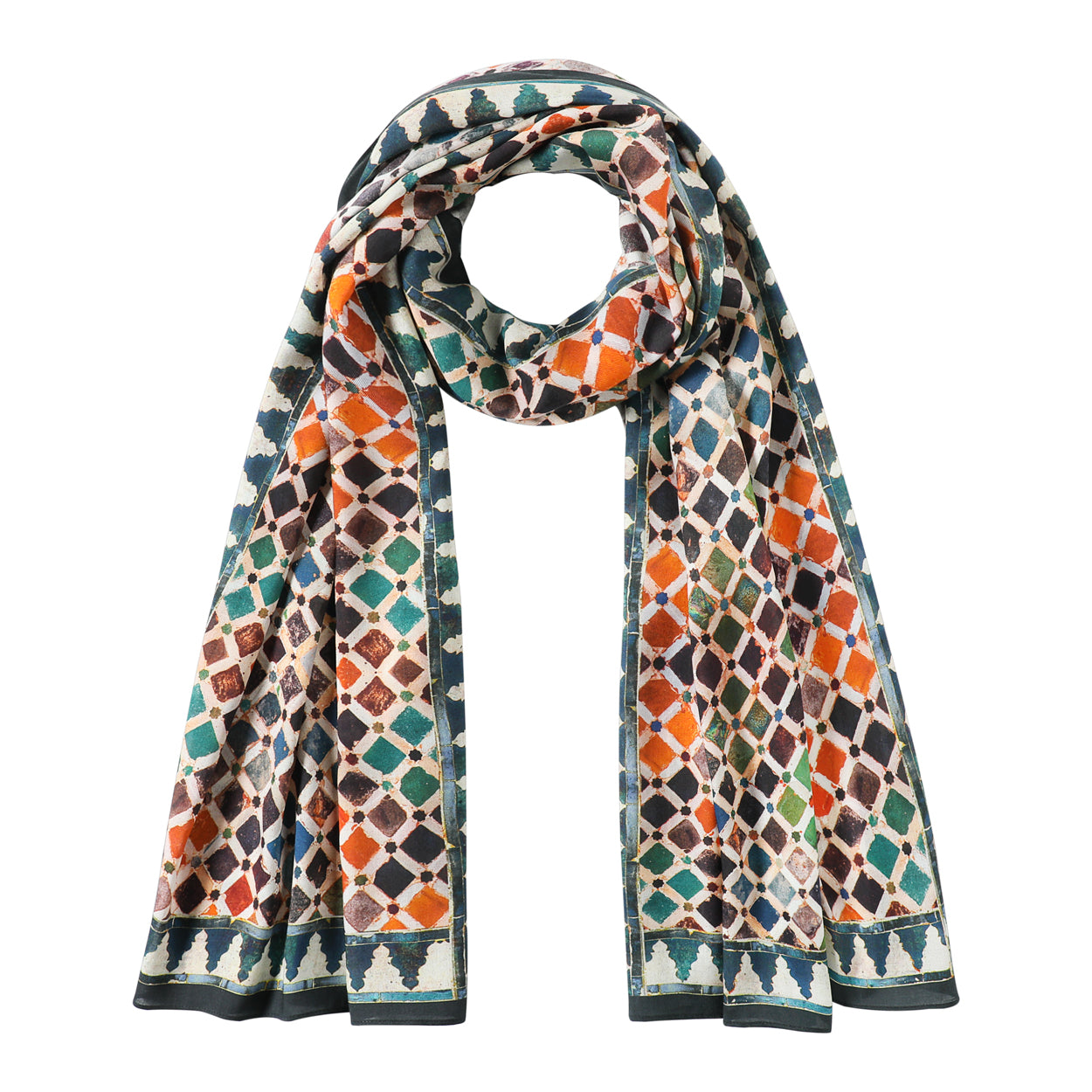 Scarf inspired by Alhambra tiles in vibrant orange, green, and blue hues.