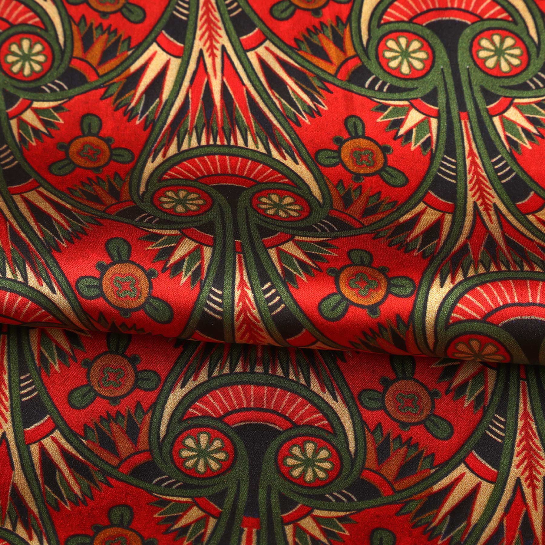 Art Nouveau Red Silk Scarf with Green & Gold Flourishes Azteca