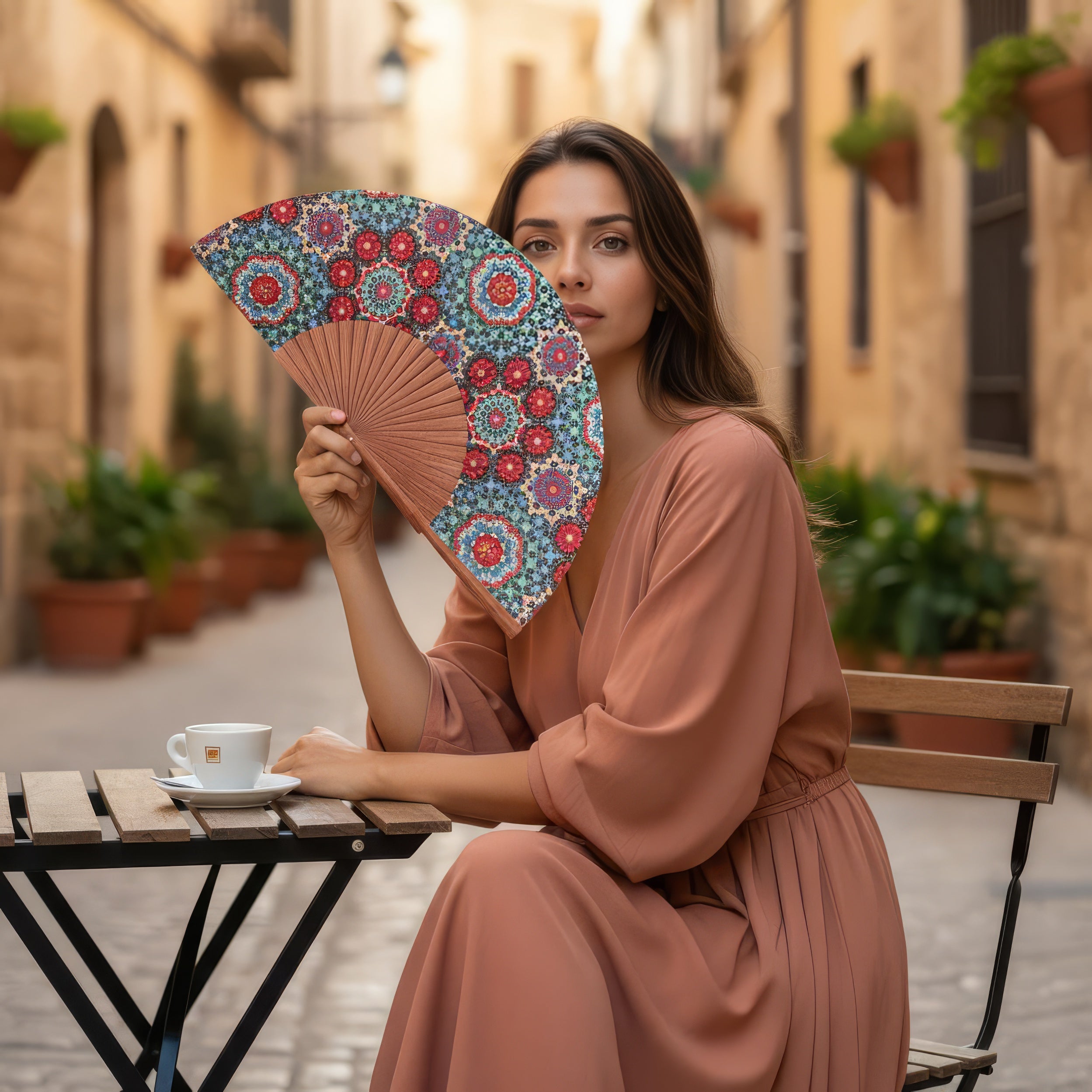 A woman in a flowing peach dress sits at an outdoor café table, holding the Folding Silk Fan Baraka V1 with intricate Spanish craftsmanship, partially covering her face. A cup of coffee rests nearby on a charming, plant-lined street.