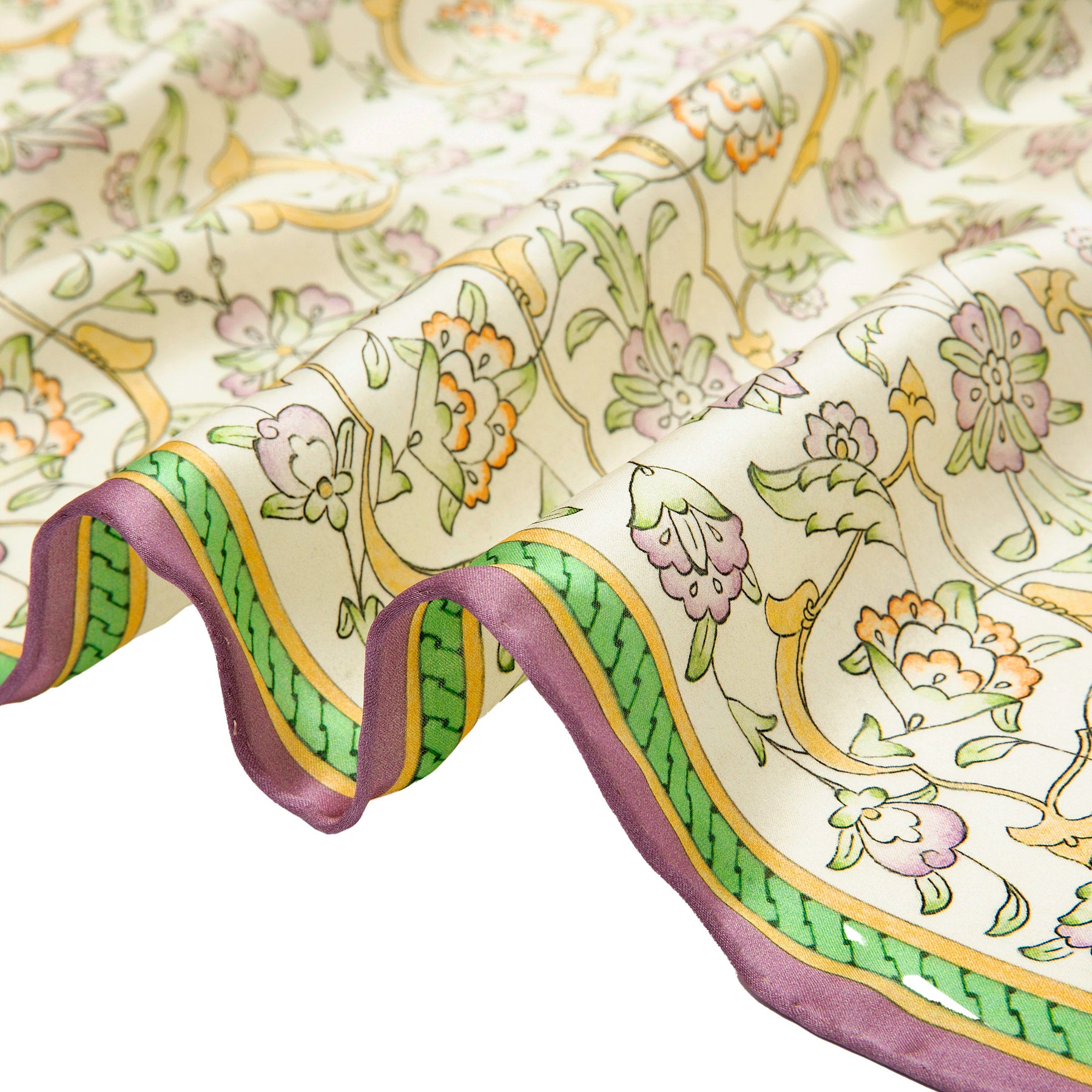 Hand-rolled edge detail of the Beige Silk Scarf with Ottoman Print Halkar · Double-Sided