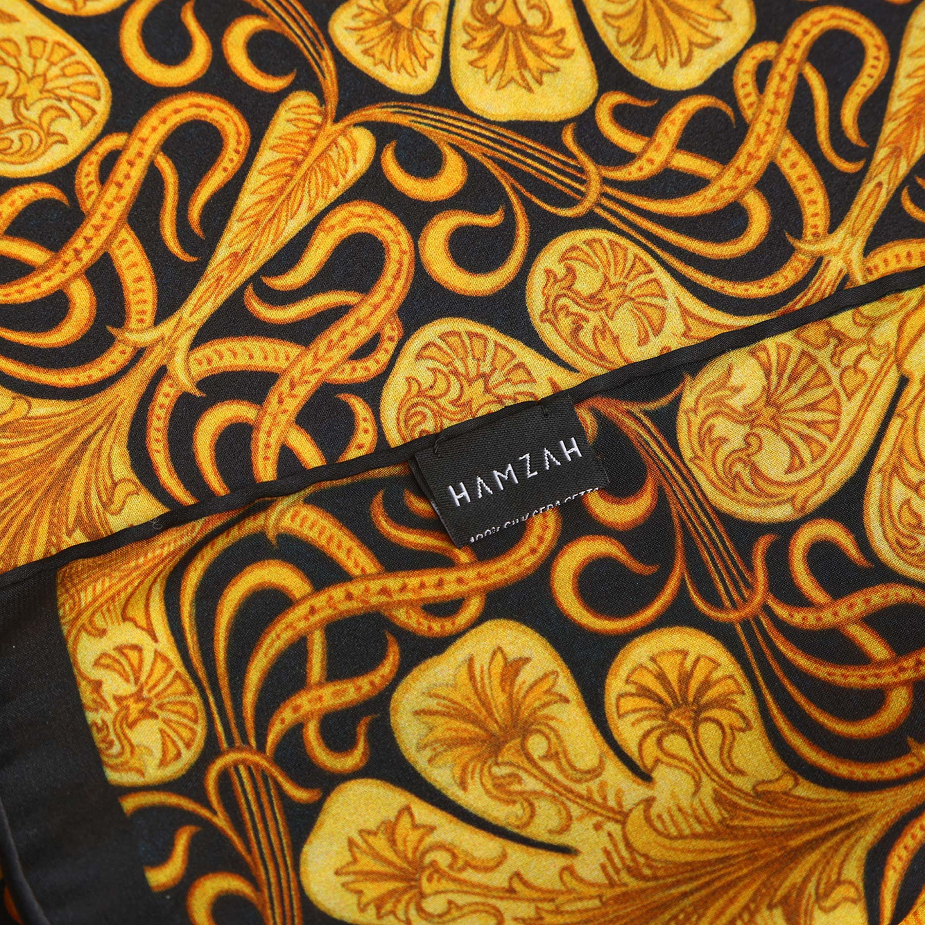 Black Silk Scarf with Ornate Gold Pattern Reims