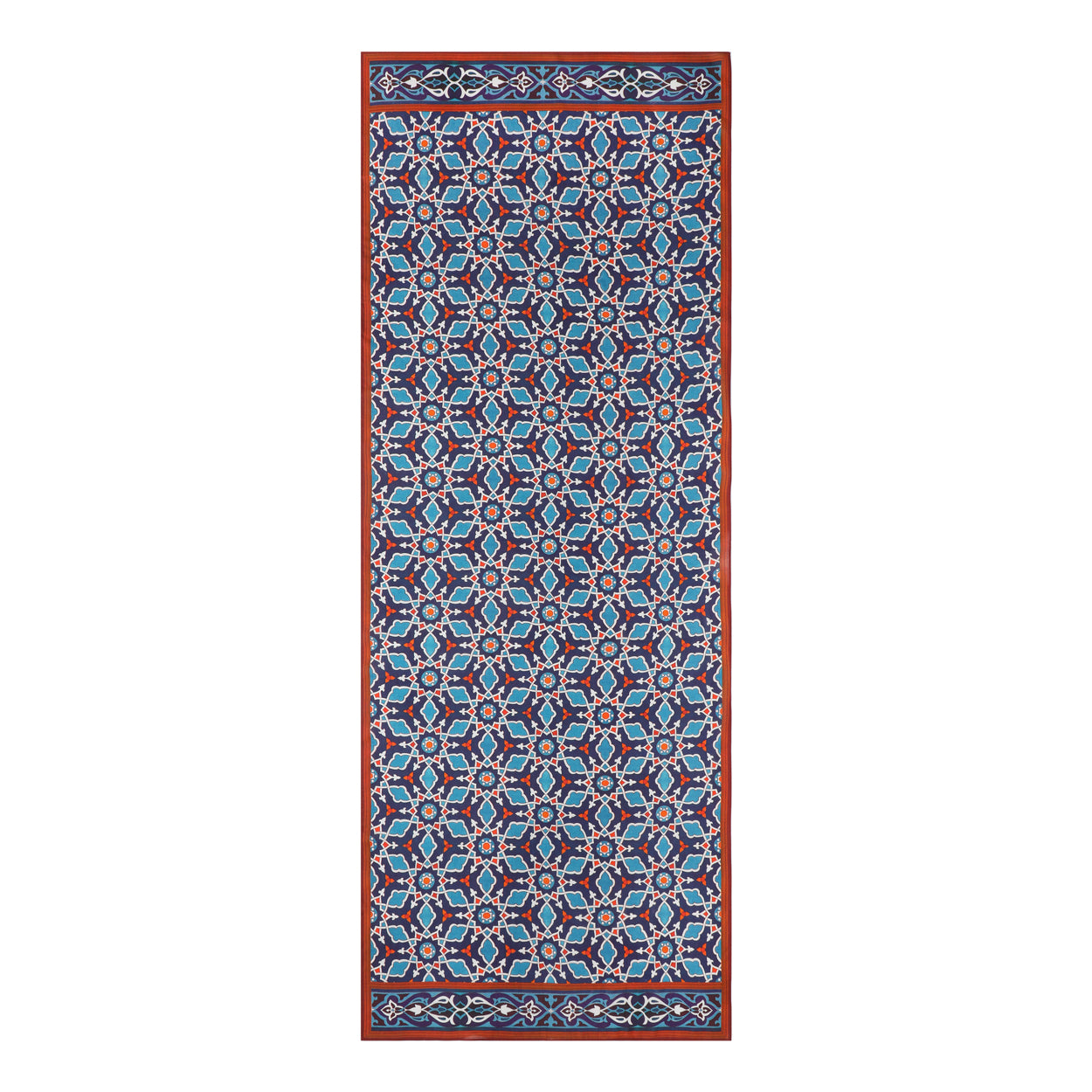 The Farabi Elegant Islamic Art-Inspired Scarf features a navy blue and red geometric design with repeating star and hexagon motifs and a decorative border, drawing inspiration from traditional Islamic art patterns.
