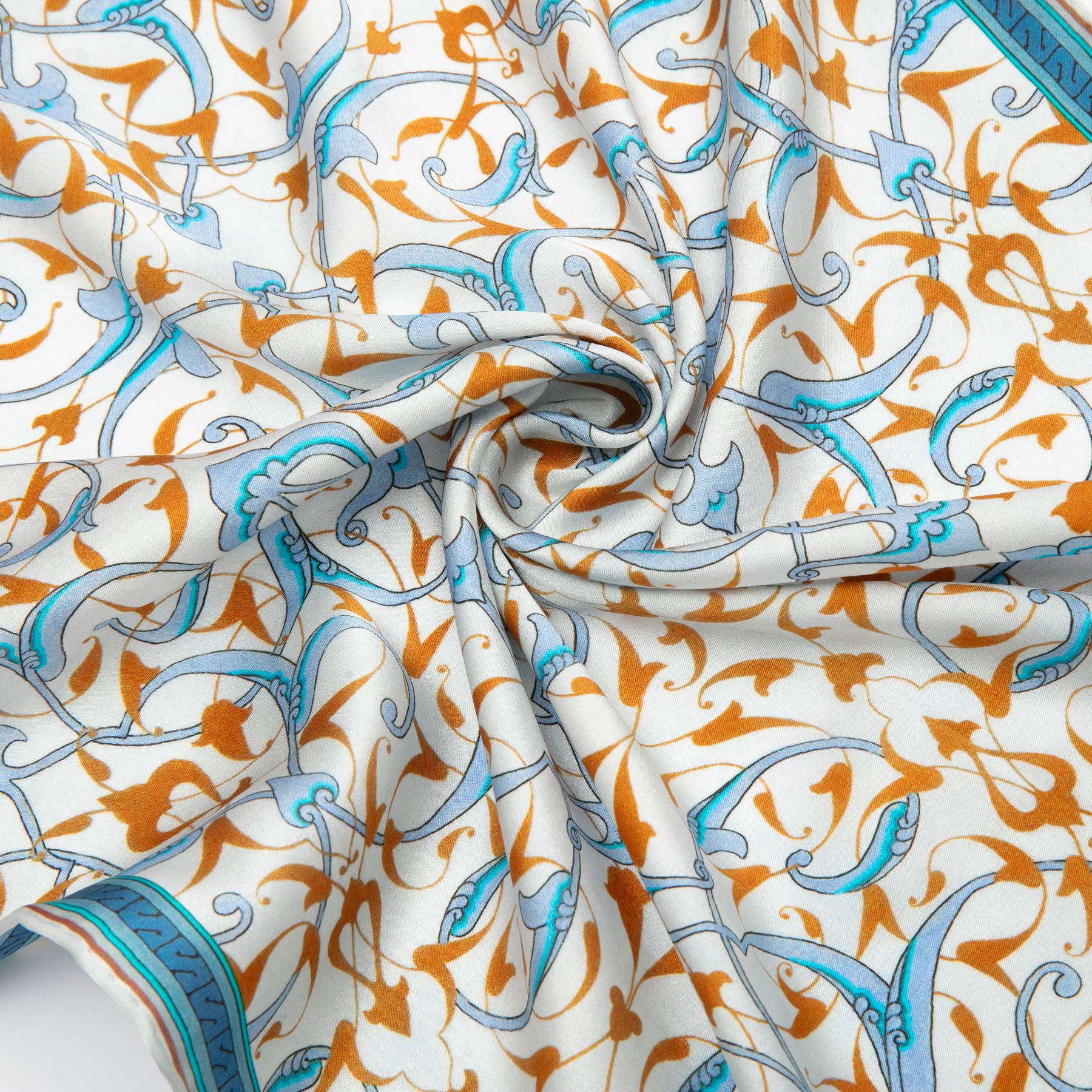 Close-up of the double-sided silk print of the Blue and White Silk Scarf with Turkish Print Rumi · Double-Sided