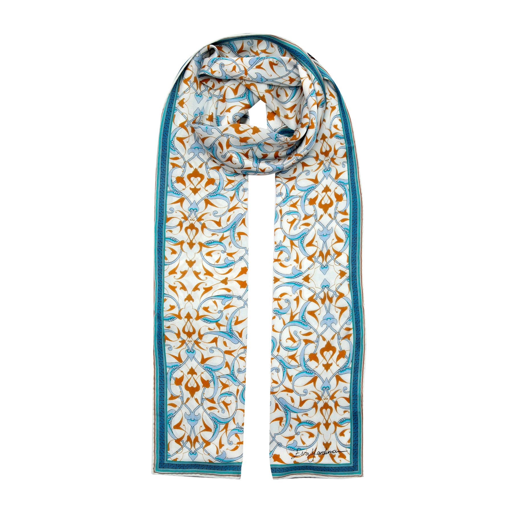 Blue and White Silk Scarf with Turkish Print Rumi · Double-Sided, draped around the neck