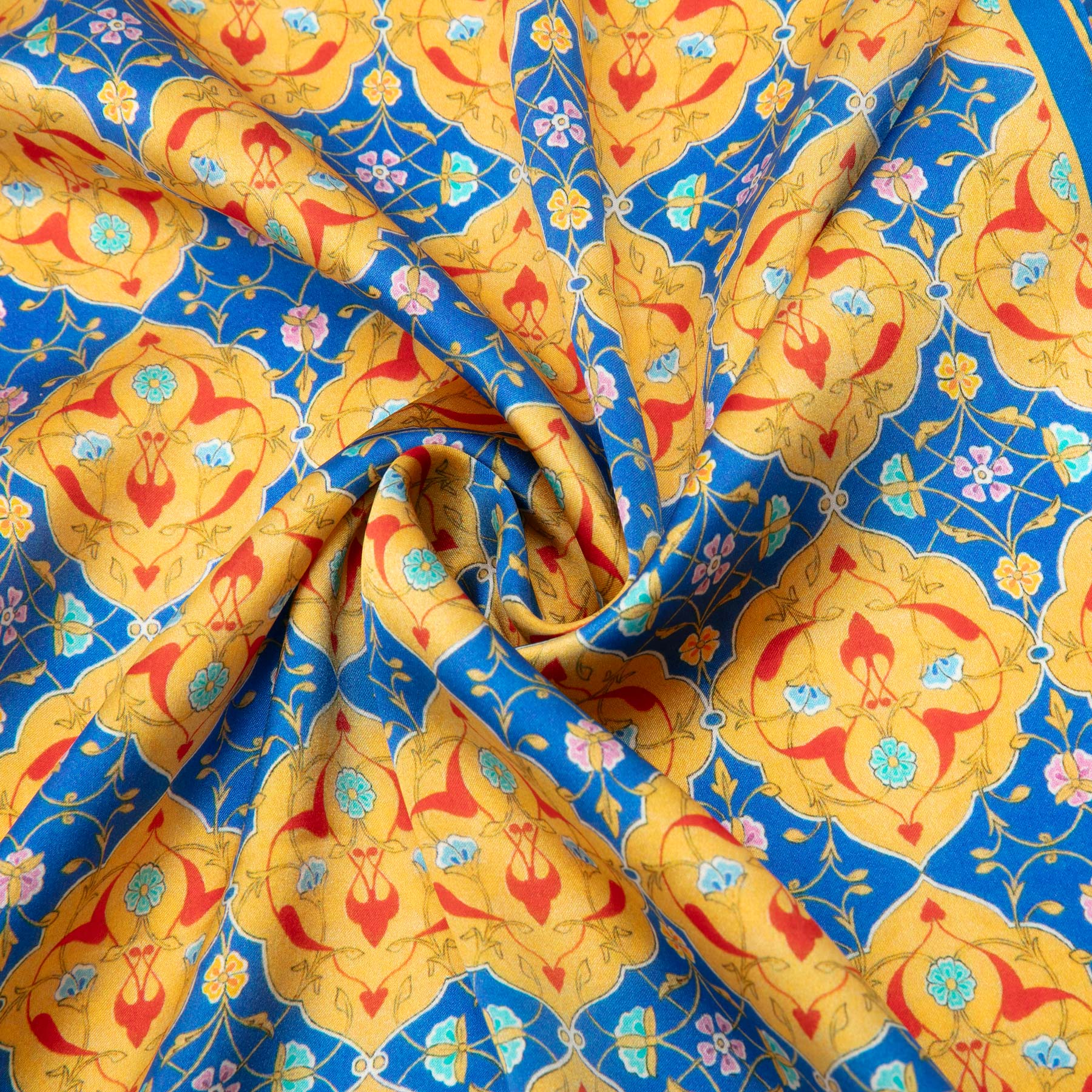 Close-up of the double-sided silk print of the Blue Silk Scarf Ottoman Print Tezship · Double-Sided