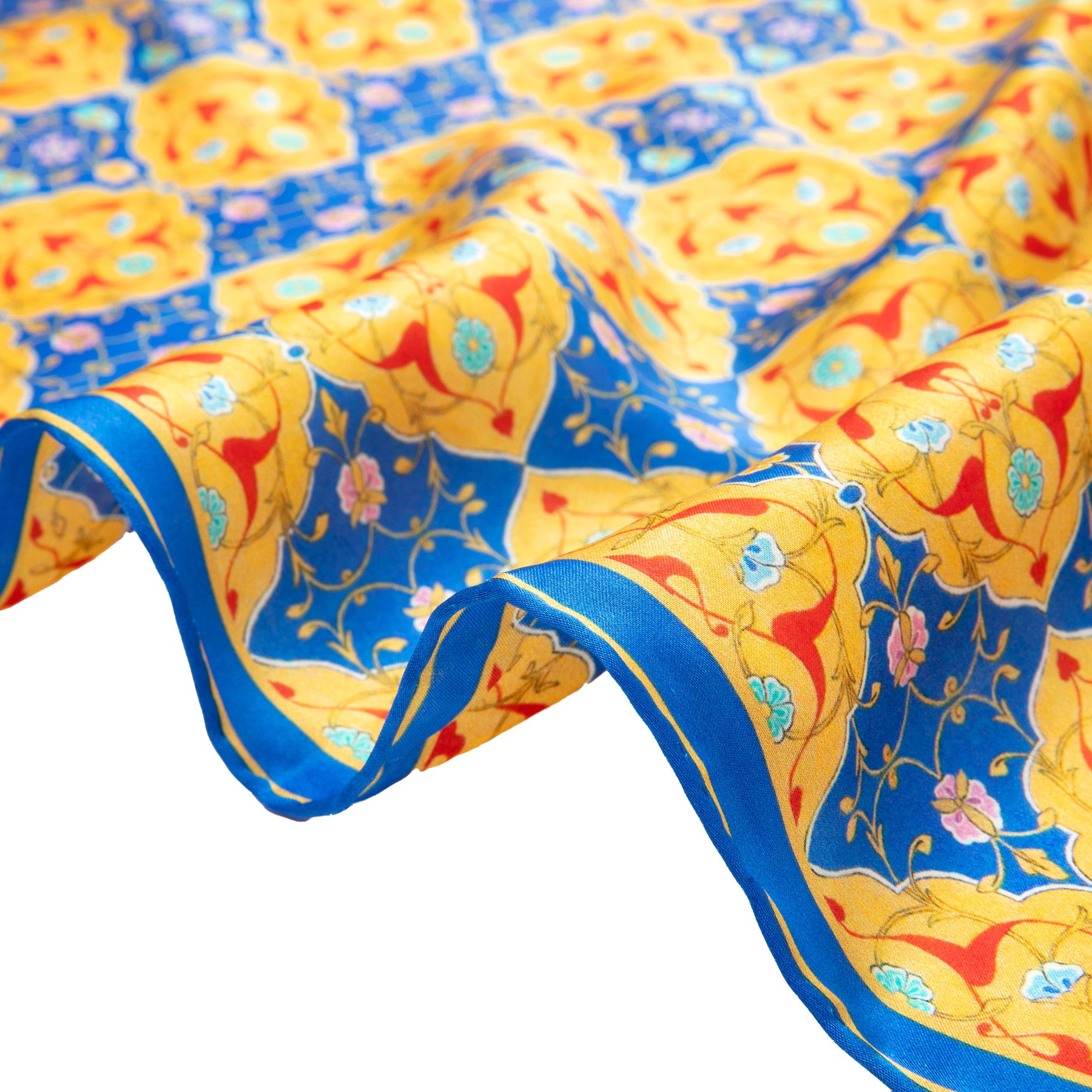 Hand-rolled edge detail of the Blue Silk Scarf Ottoman Print Tezship · Double-Sided