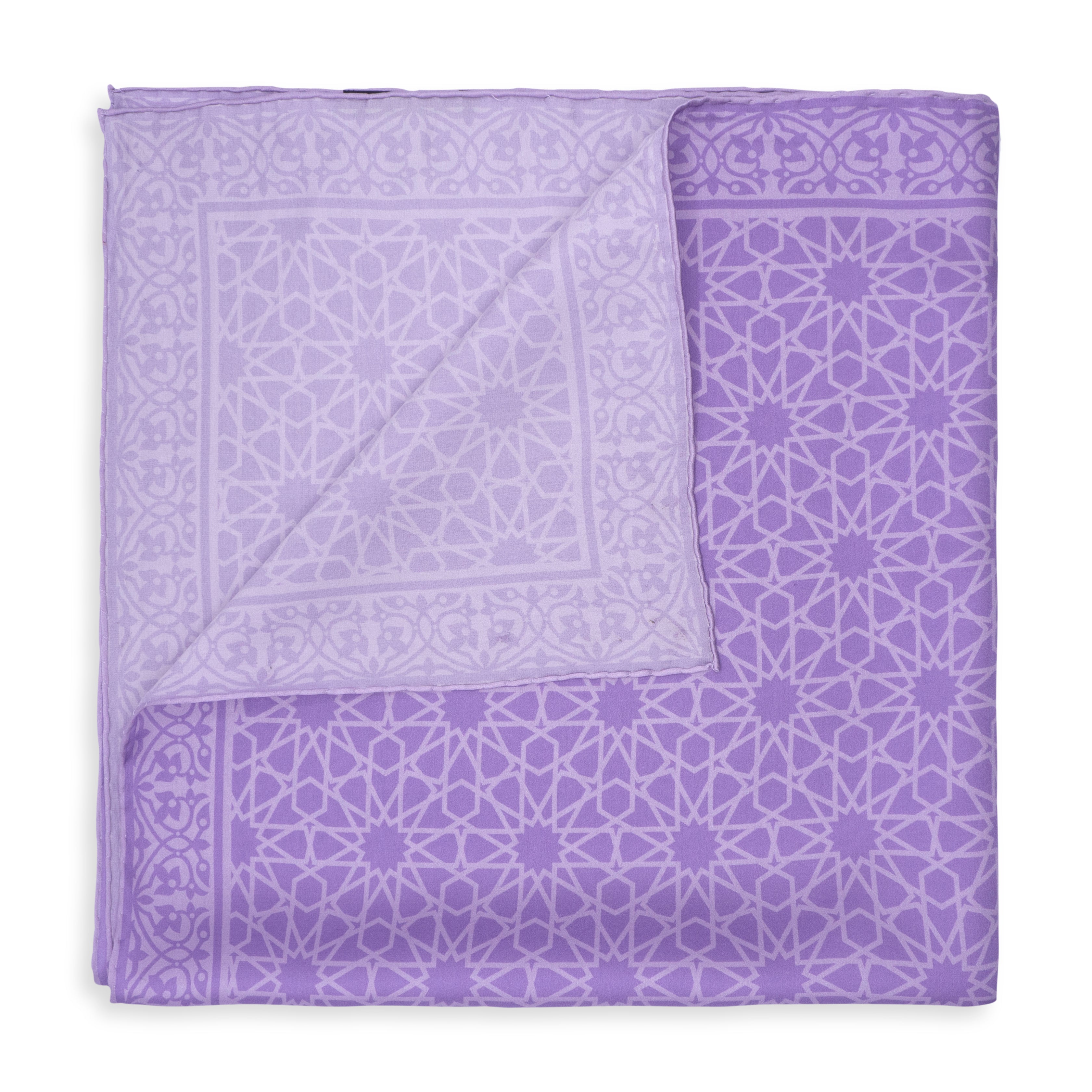 The Purple Silk Square Scarf Dalila features an intricate geometric design in light and dark lavender, displayed folded to show both sides and finished with luxurious detailing.