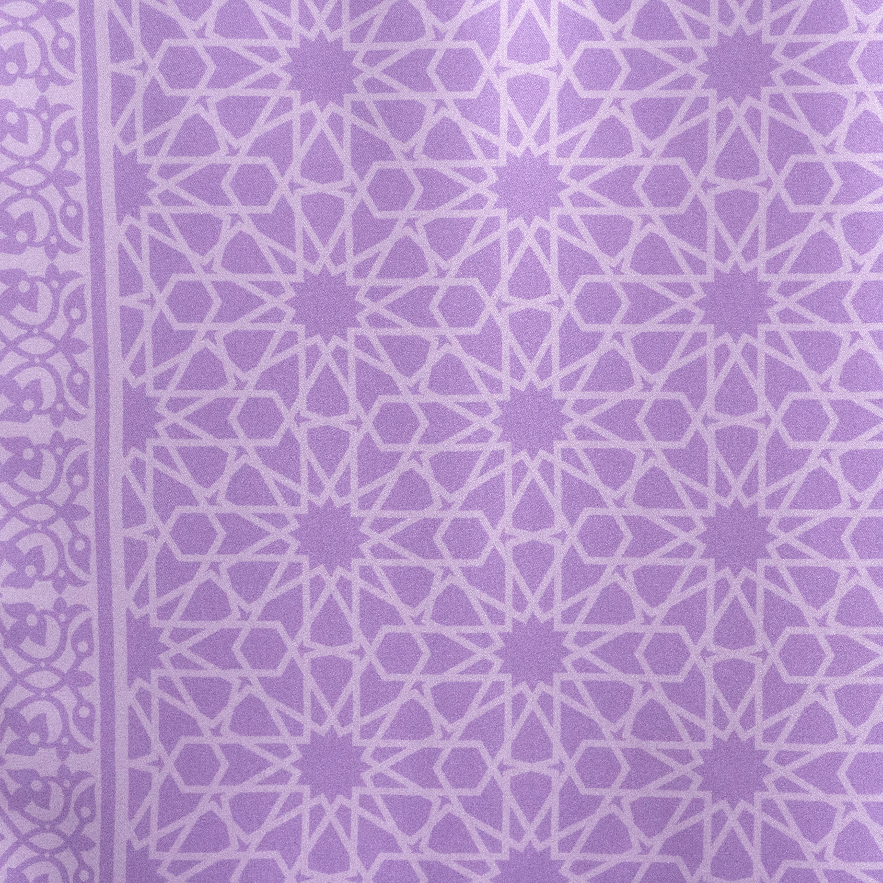Light purple geometric pattern with intricate star shapes and interlocking lines, plus a decorative vertical border—an elegant touch for the Purple Silk Square Scarf Dalila, finished luxuriously.