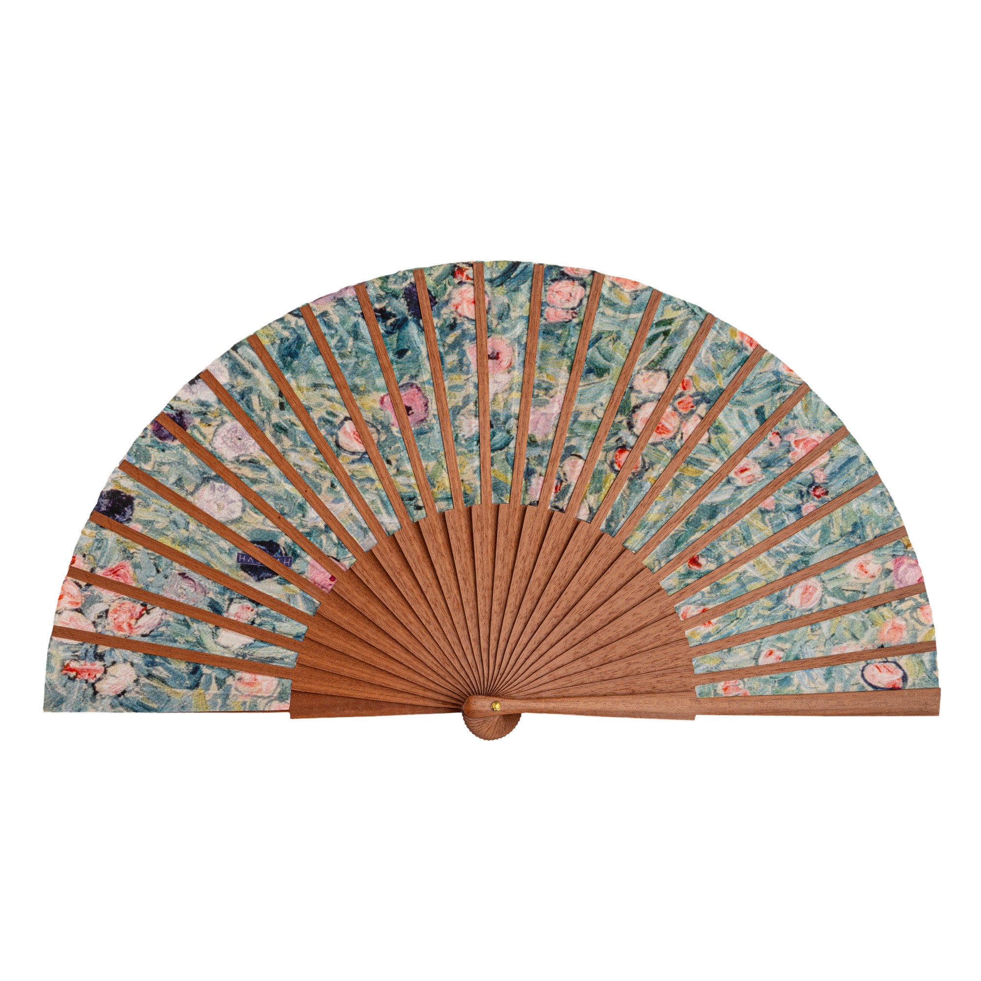 The Gustav Klimt Print Hand Fan Isolde fully open, showing the Gustav Klimt Flower Garden floral print on silk with natural wooden ribs.