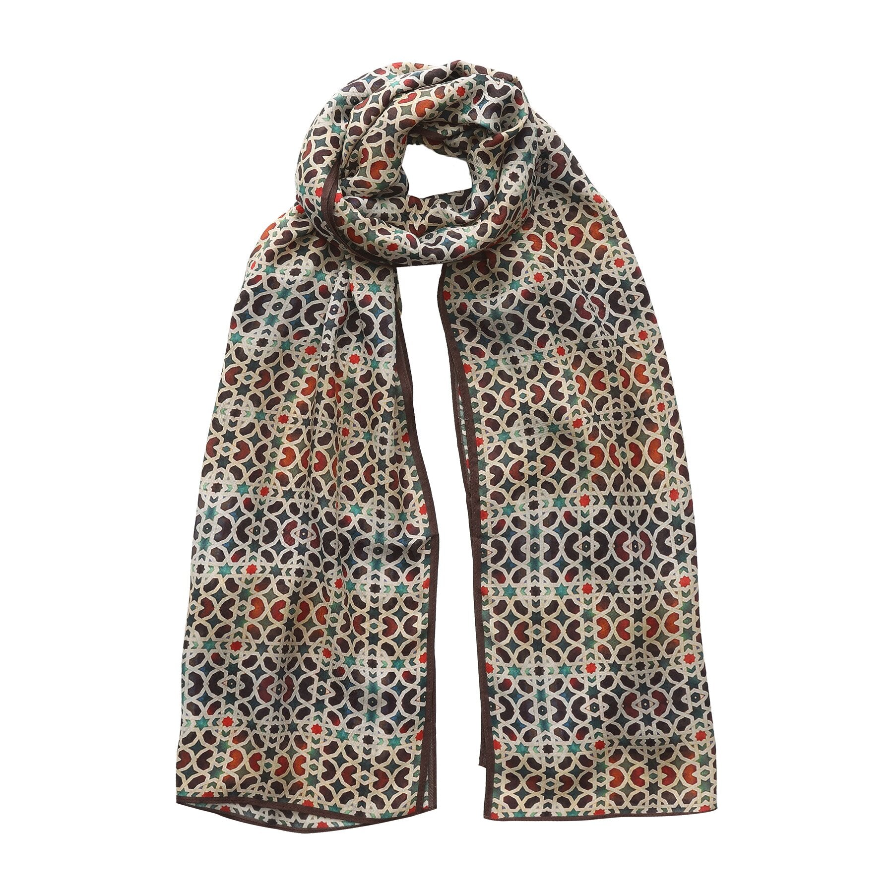 The Gannat Modal Scarf folded, showing the Gannat Al-Andalus mosaic geometric print on soft modal fabric.