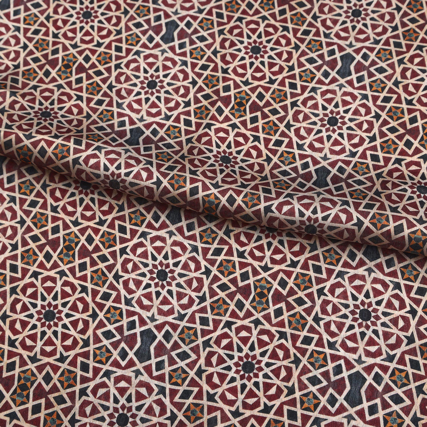 Pañuelo Dimashq – estampado de mosaico andalusí en ciruela y salmón, detalle 3