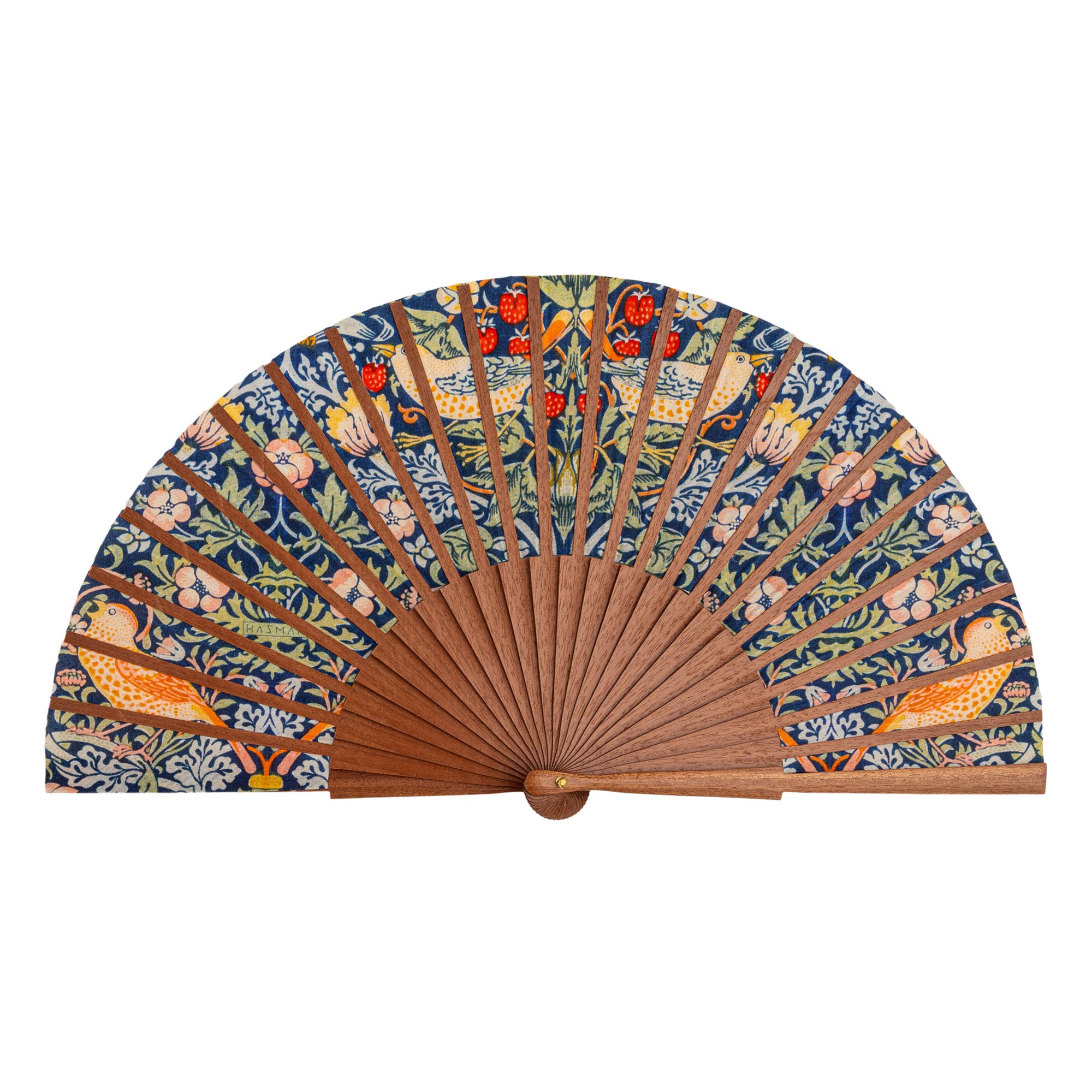 The William Morris Print Hand Fan Birds II fully open, showing the William Morris Strawberry Thief print on dark silk on silk with natural wooden ribs.