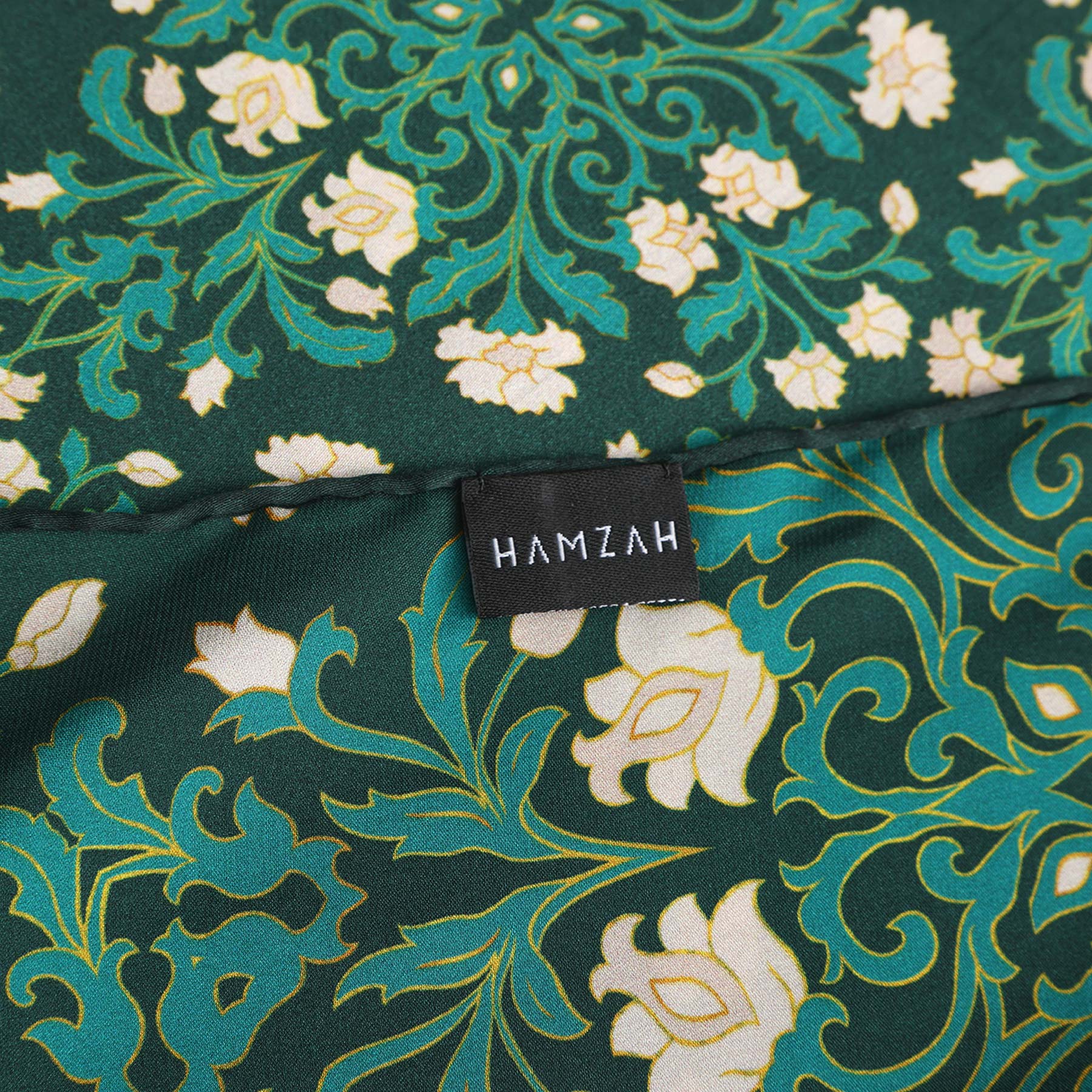 Floral Green Silk Scarf with Delicate White Blooms
