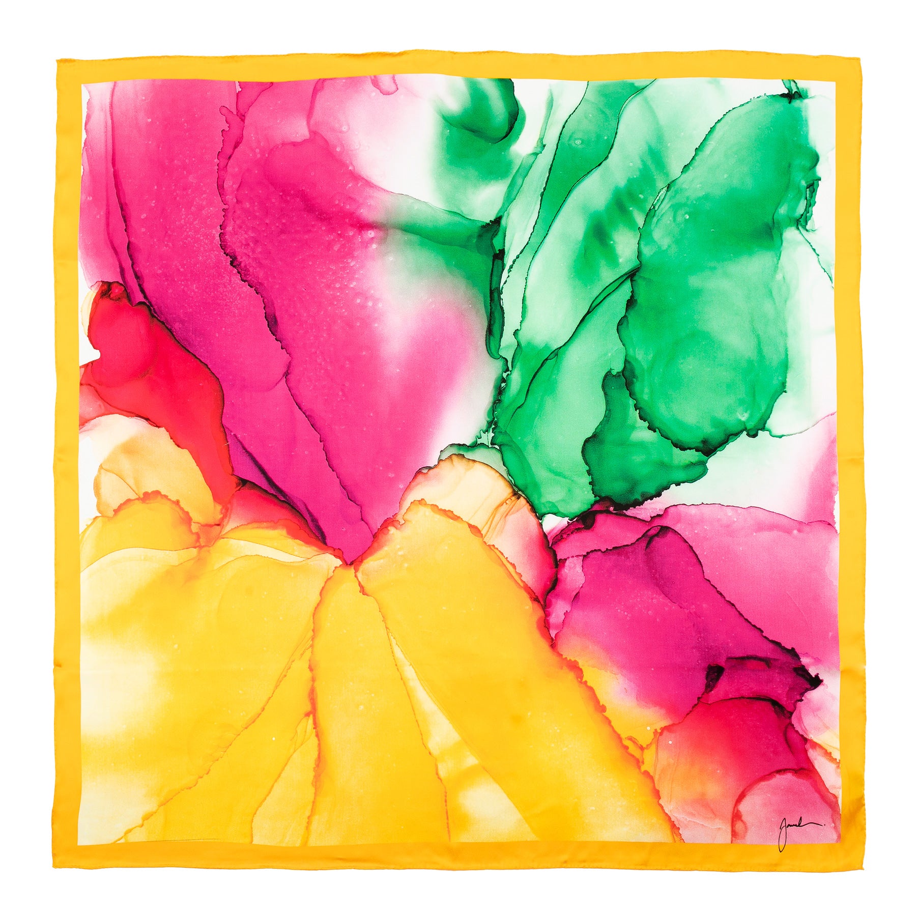 The Yellow and Purple Silk Scarf Square features a fluid art print with vibrant yellow, pink, green, and purple hues on silk, accented by a solid yellow border for a bright and lively look.