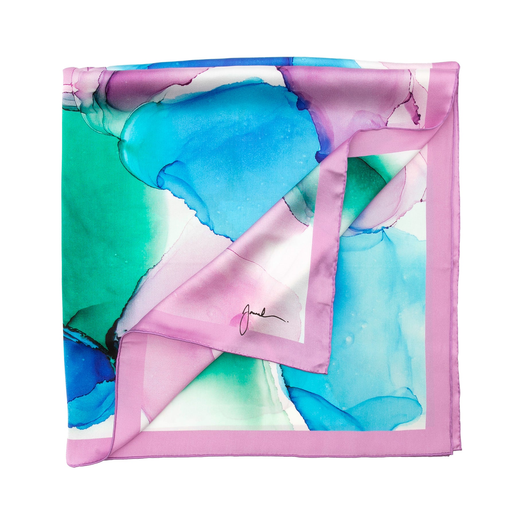 The Purple Silk Scarf Square Fluid Art features an abstract blue, green, and purple print with a pink border and signature on one corner, neatly folded to show both sides.