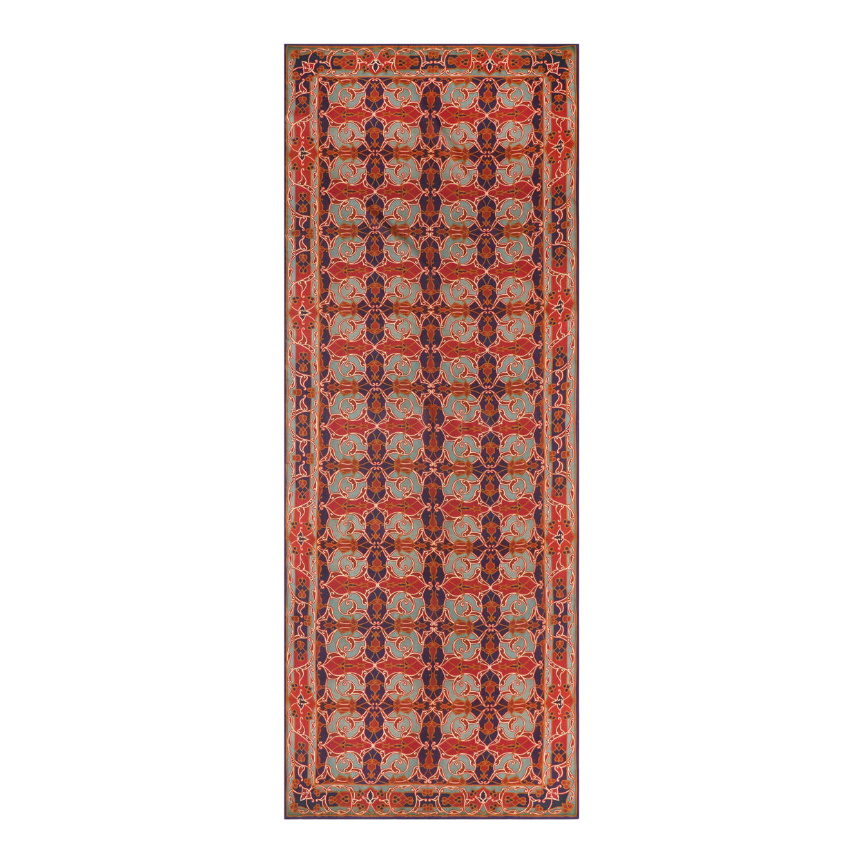 The Bukhara-Inspired Scarf Nasafi showcases ornate Persian-style patterns in red, blue, and gold with navy borders, echoing intricate floral and geometric Bukhara art in a rich digital print—elegant as a wearable masterpiece.